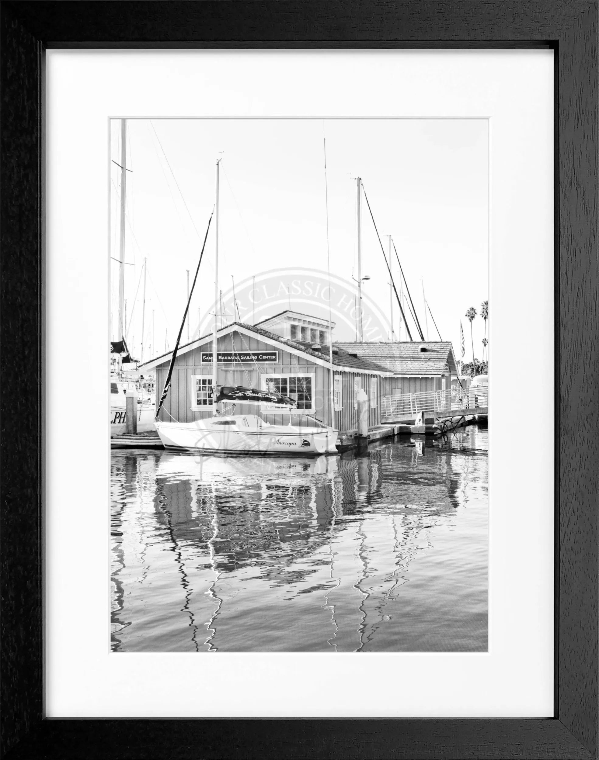 Schwarz-weiß Poster mit Rahmen, Kalifornien Santa Barbara, Boat House Motiv, von Cosman-Photocollection, 25x31 cm