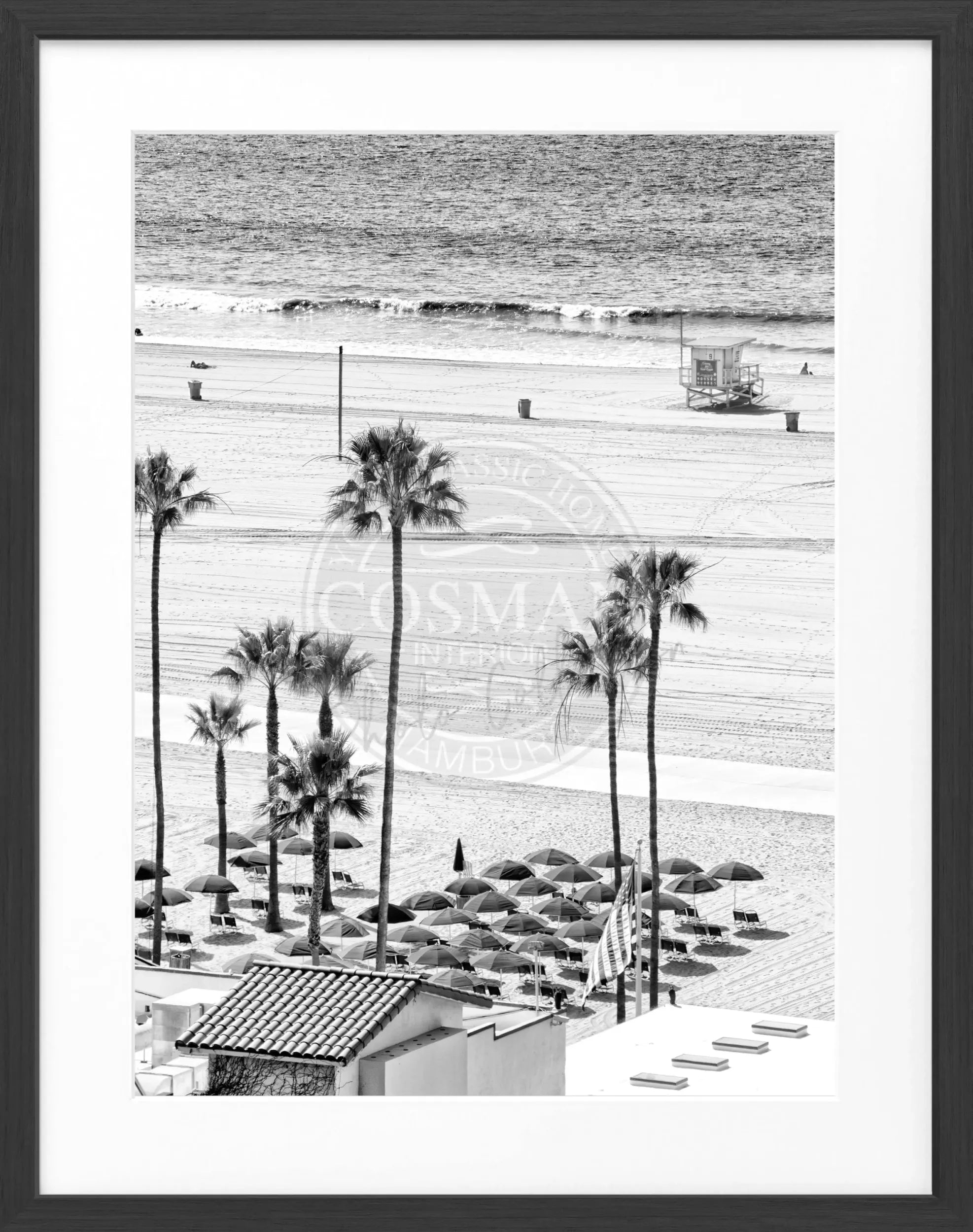Schwarz-weiß Poster mit Rahmen, Kalifornien Santa Monica Beach Motiv, von Cosman-Photocollection, 25x31cm, stilvolle Wanddekoration