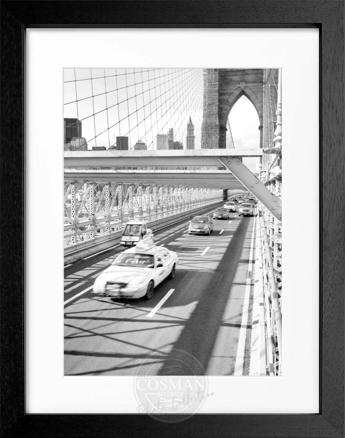 Schwarz-weiß Poster mit Rahmen, Brooklyn Bridge in New York, von Cosman-Photocollection, 25x31 cm, Wanddekoration