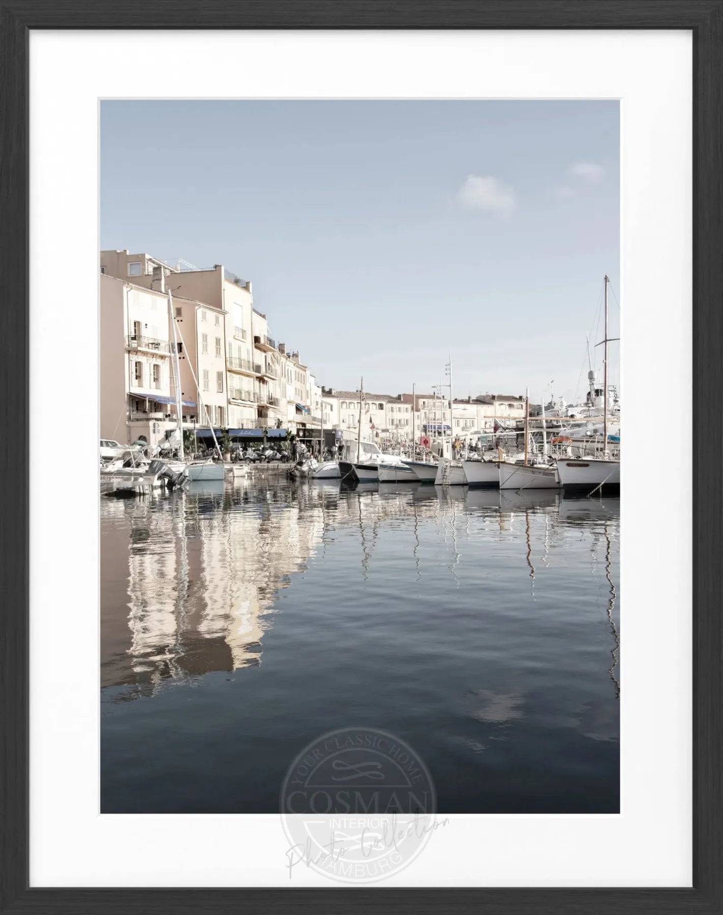 Schwarz-weiß Poster mit Rahmen von Cosman-Photocollection, Saint Tropez Hafen Motiv, 25x31cm, dekoratives Wandbild