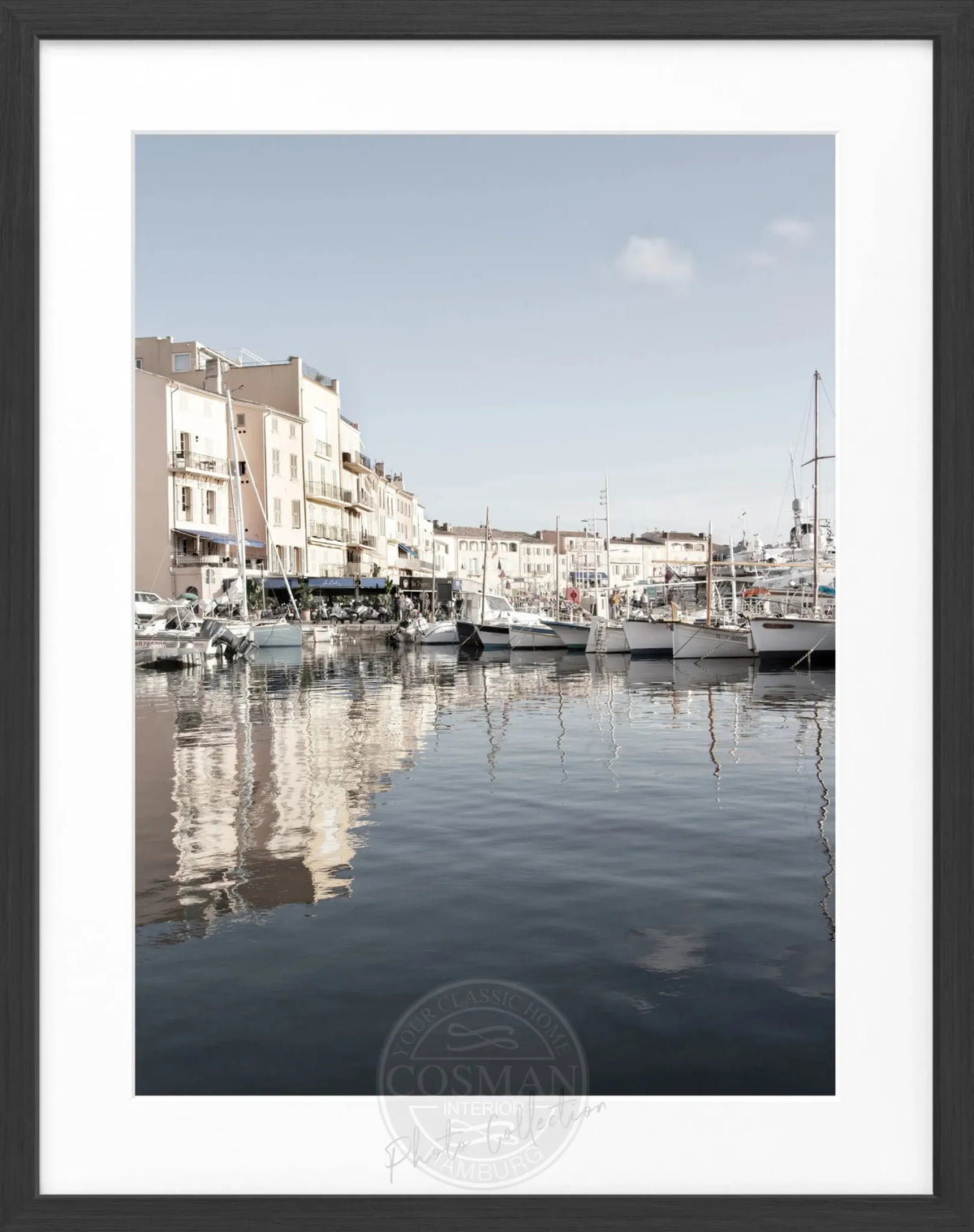 Schwarz-weiß Poster mit Rahmen von Cosman-Photocollection, Saint Tropez Hafen Motiv, 25x31cm, dekoratives Wandbild