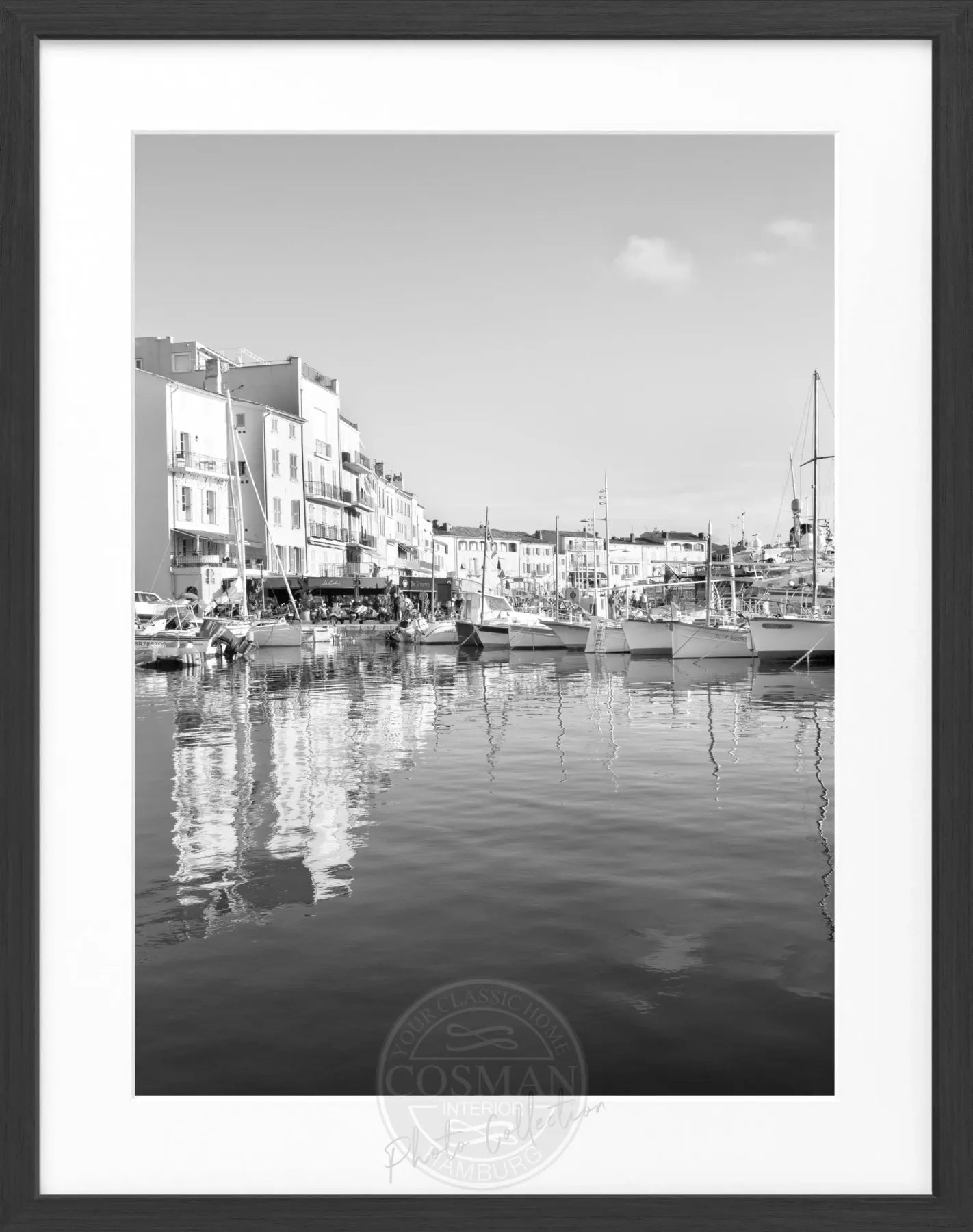 Schwarz-weiß Poster mit Rahmen von Cosman-Photocollection, Hafen in Saint Tropez, 25x31 cm, stilvolle Wanddekoration