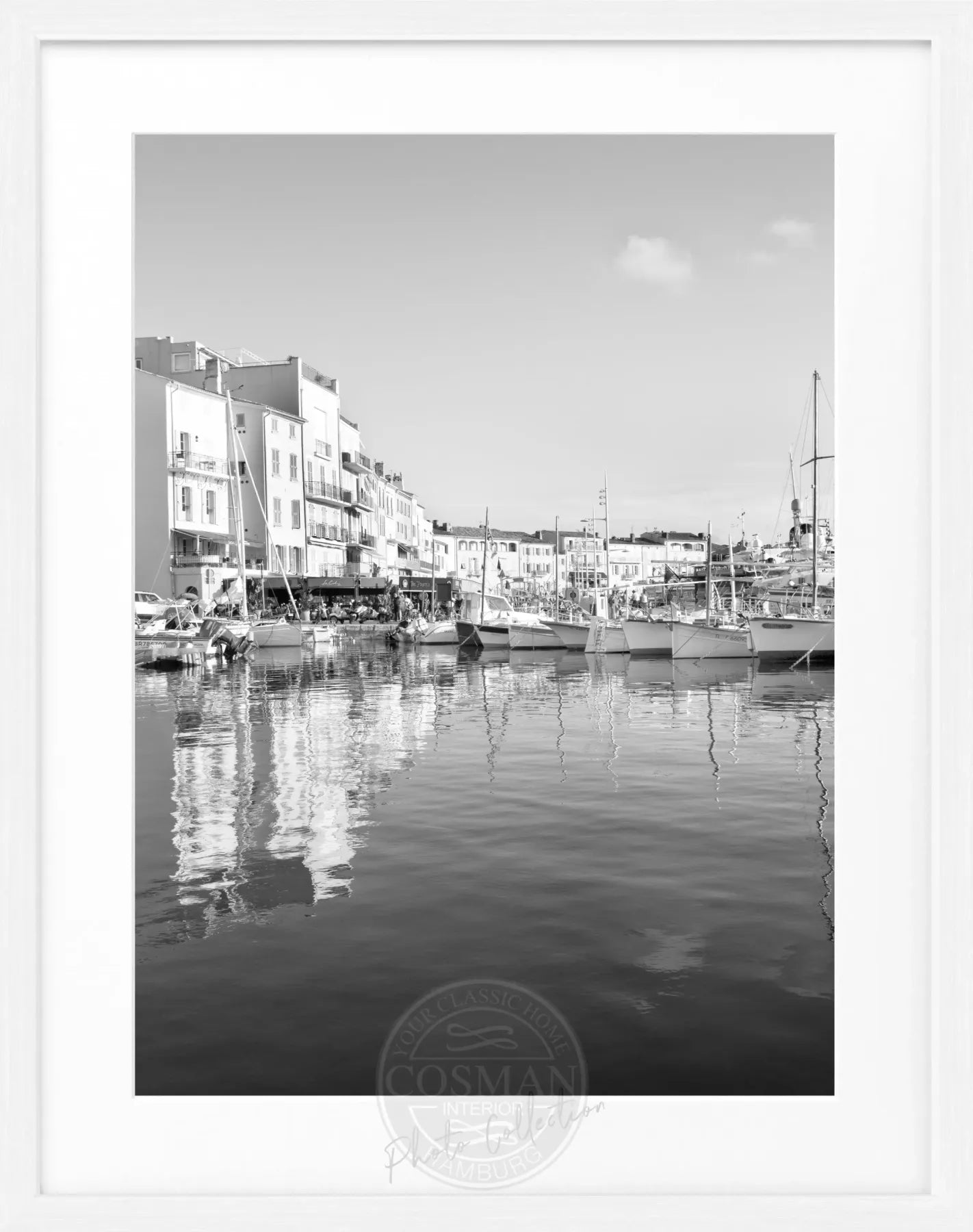 Schwarz-weiß Poster mit Rahmen, Saint Tropez Hafen Motiv, Cosman-Photocollection, 25x31cm, elegantes Wandbild