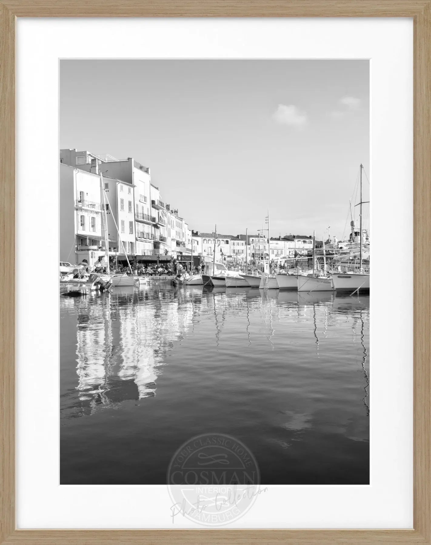 Schwarz-weiß Poster mit Rahmen, Saint Tropez Hafen, von Cosman-Photocollection, 25x31 cm, kunstvoller Meereshafen-Print