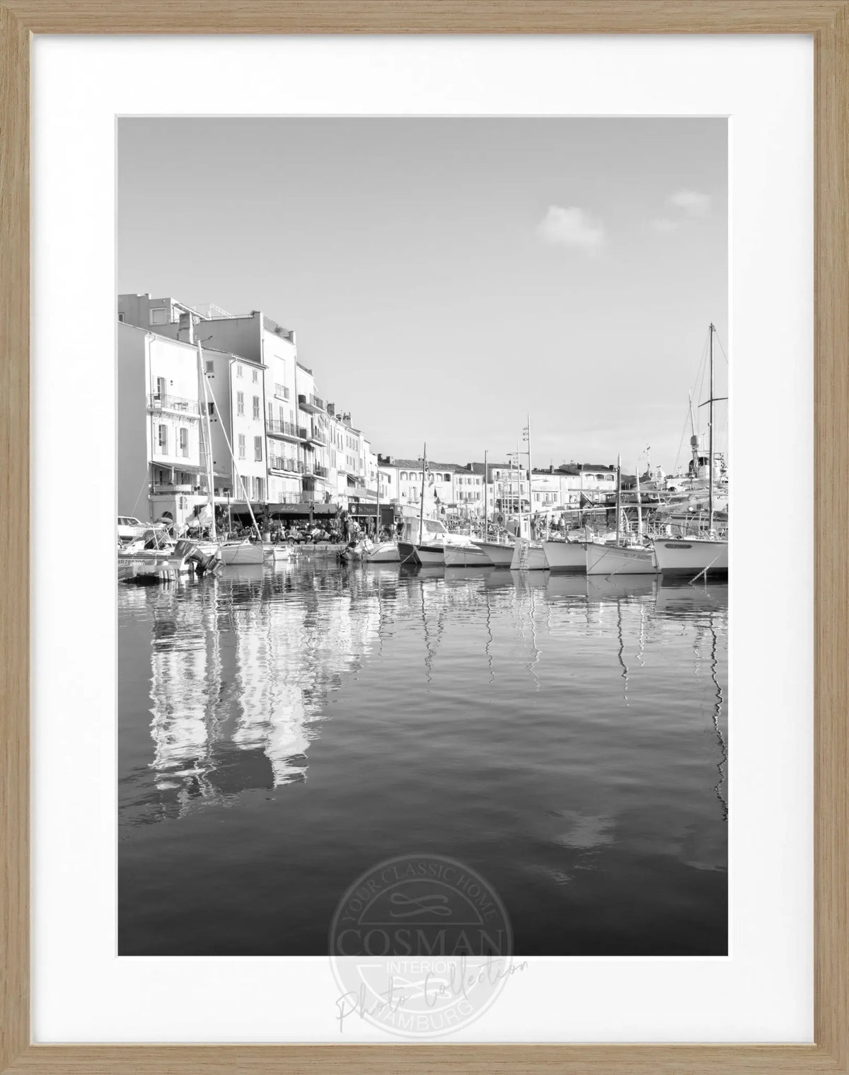 Schwarz-weiß Poster mit Rahmen, Saint Tropez Hafen, von Cosman-Photocollection, 25x31 cm, kunstvoller Meereshafen-Print