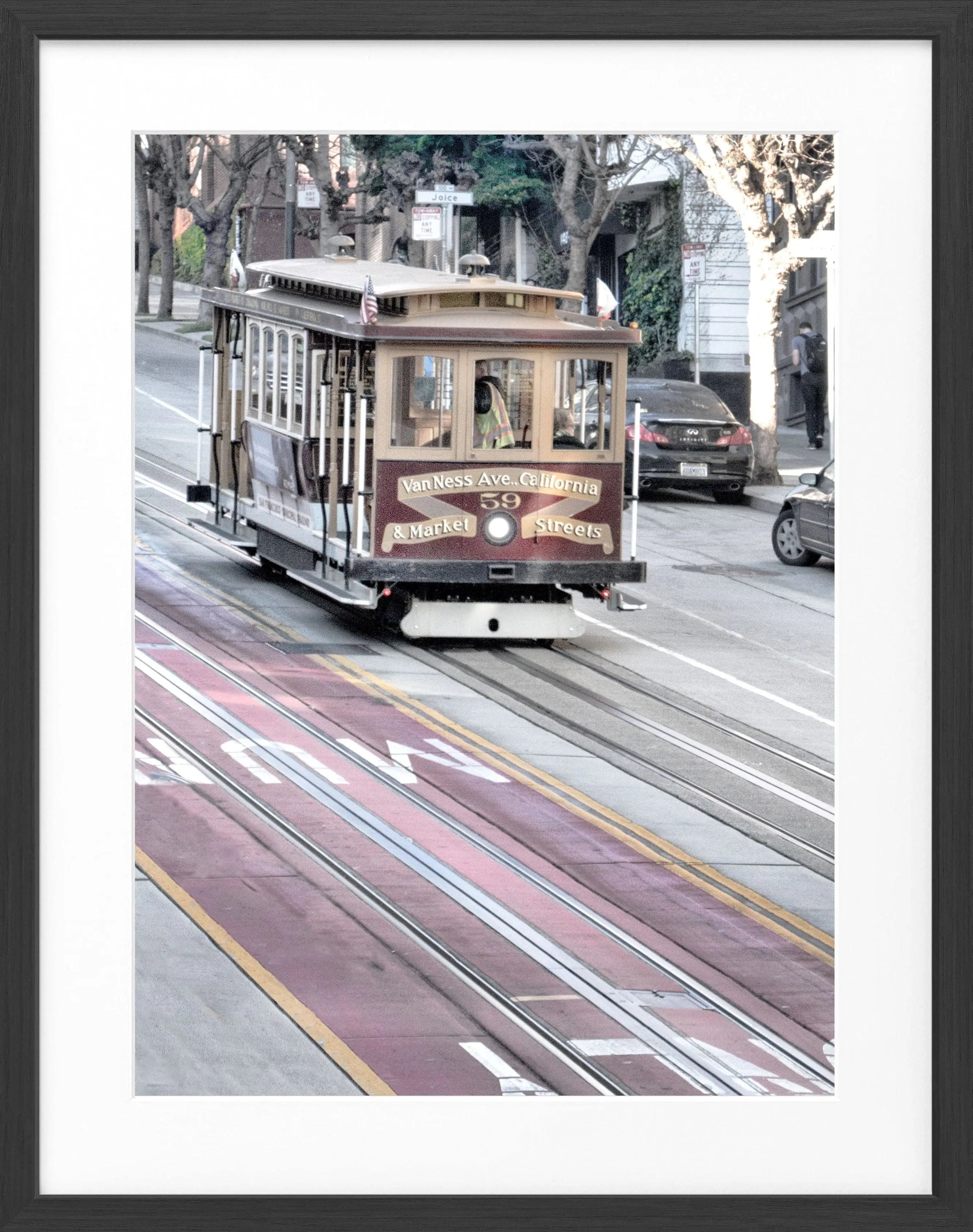 Schwarz-weiß Poster mit Rahmen von Cosman-Photocollection, San Francisco Cable Cars, Motiv 25x31 cm, Wanddekoration