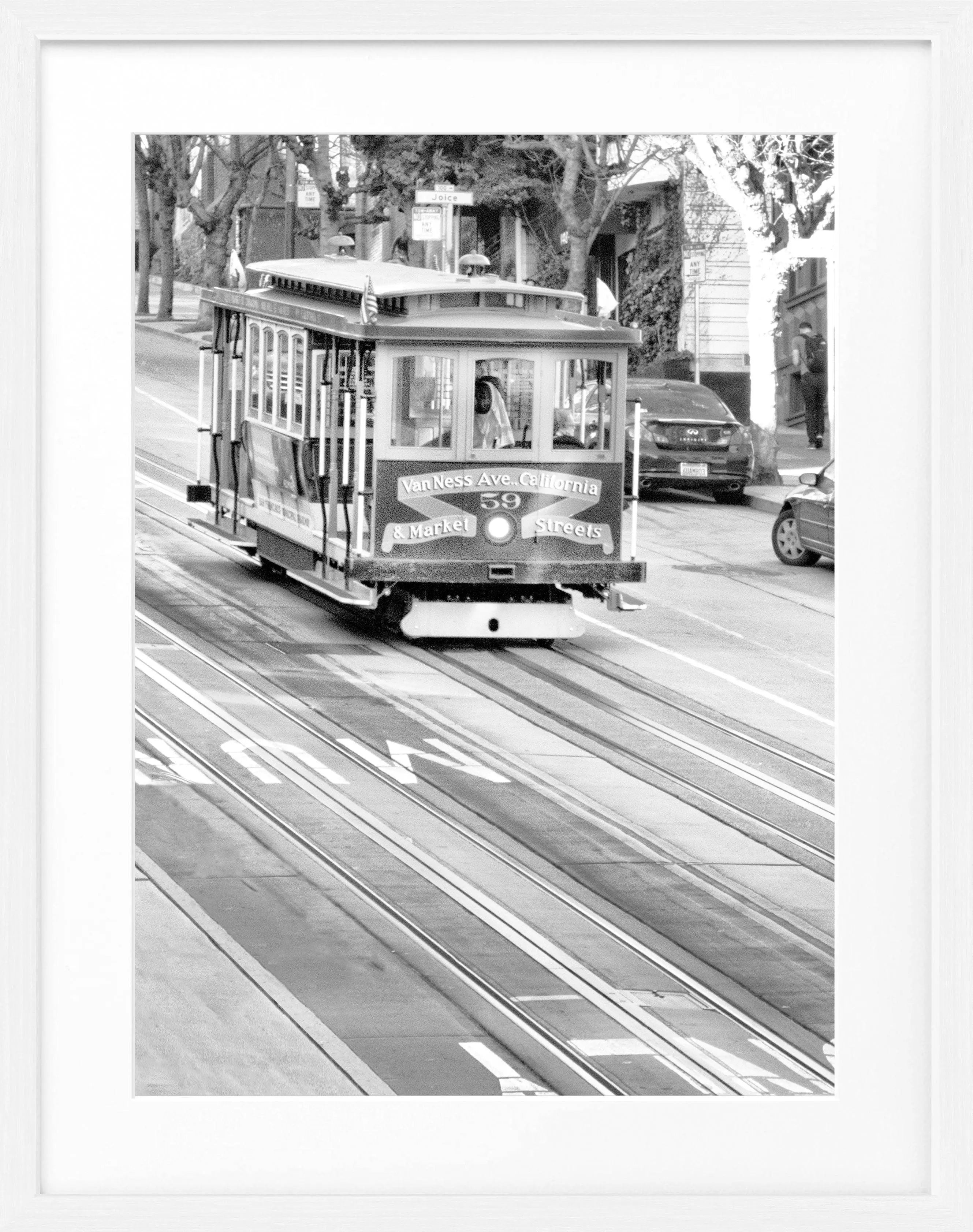 Schwarz-weiß Poster mit Rahmen von Cosman-Photocollection, San Francisco Cable Cars, 25x31cm, Wanddekoration im Fotostil