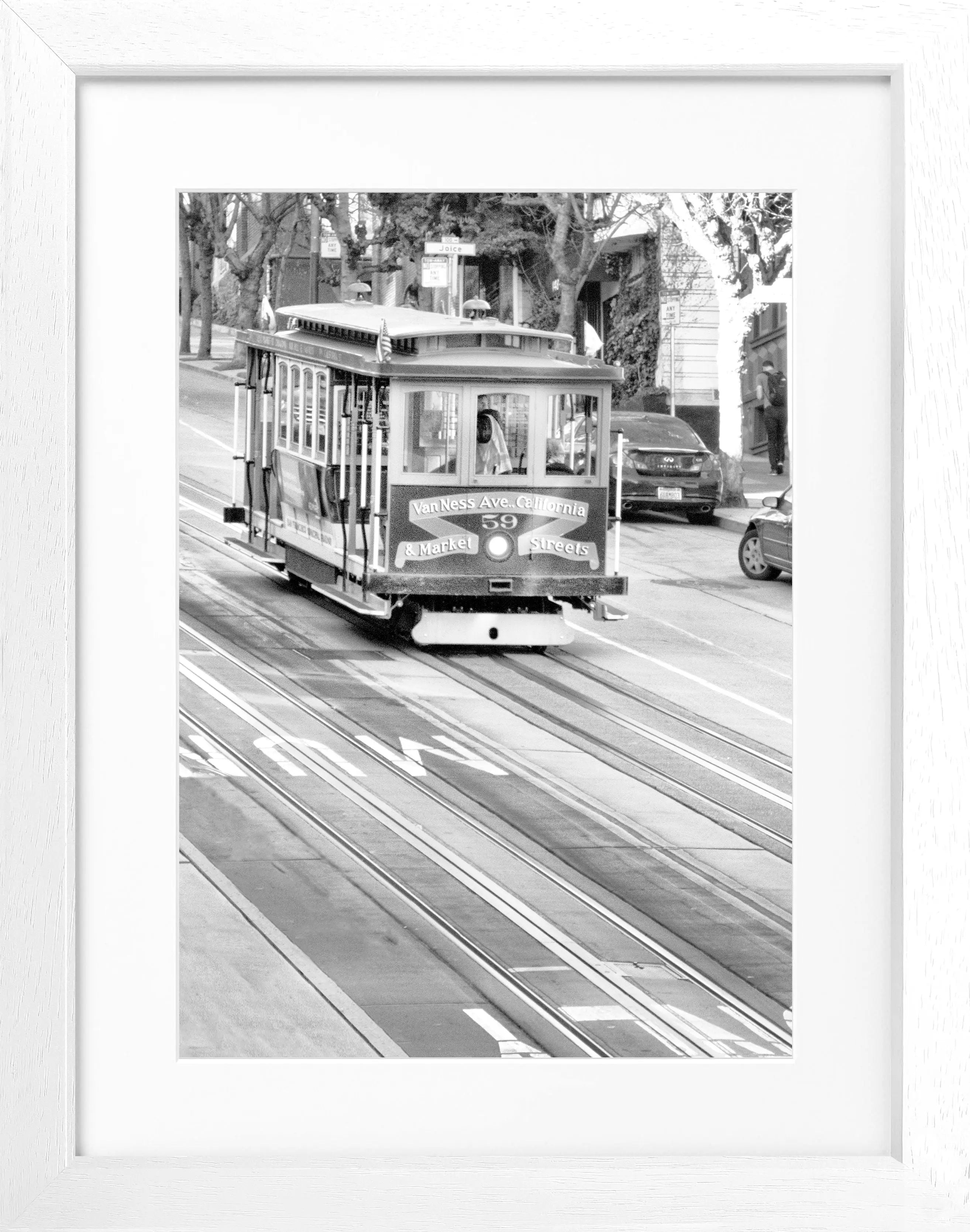 Schwarz-weiß Poster mit Rahmen von Cosman-Photocollection, San Francisco Cable Cars, 25x31 cm, Wanddekoration, Fotokunst