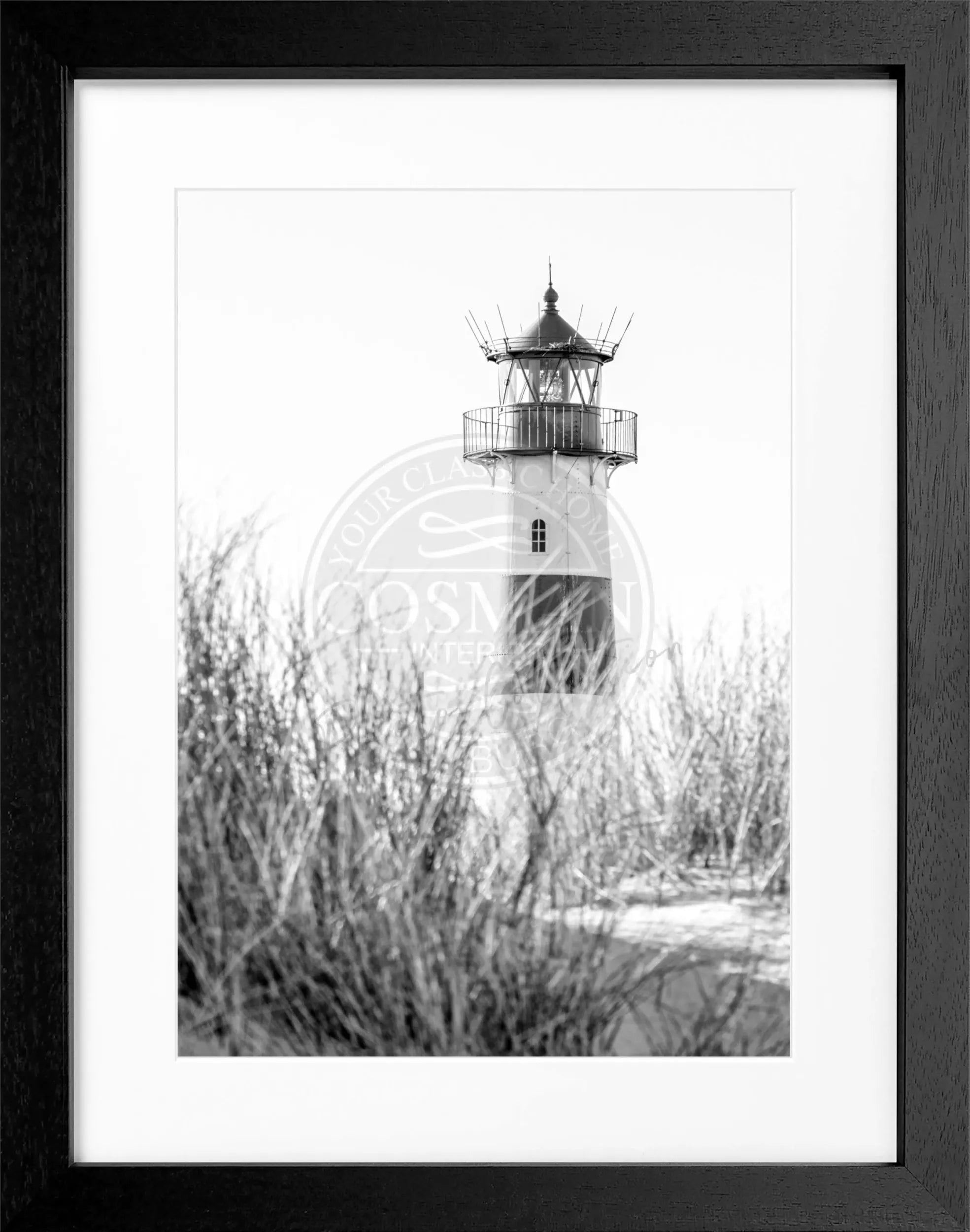 Schwarz-weiß Poster mit Rahmen von Cosman-Photocollection, Leuchtturm 'List' auf Sylt, 25x31cm, dekoratives Wandbild
