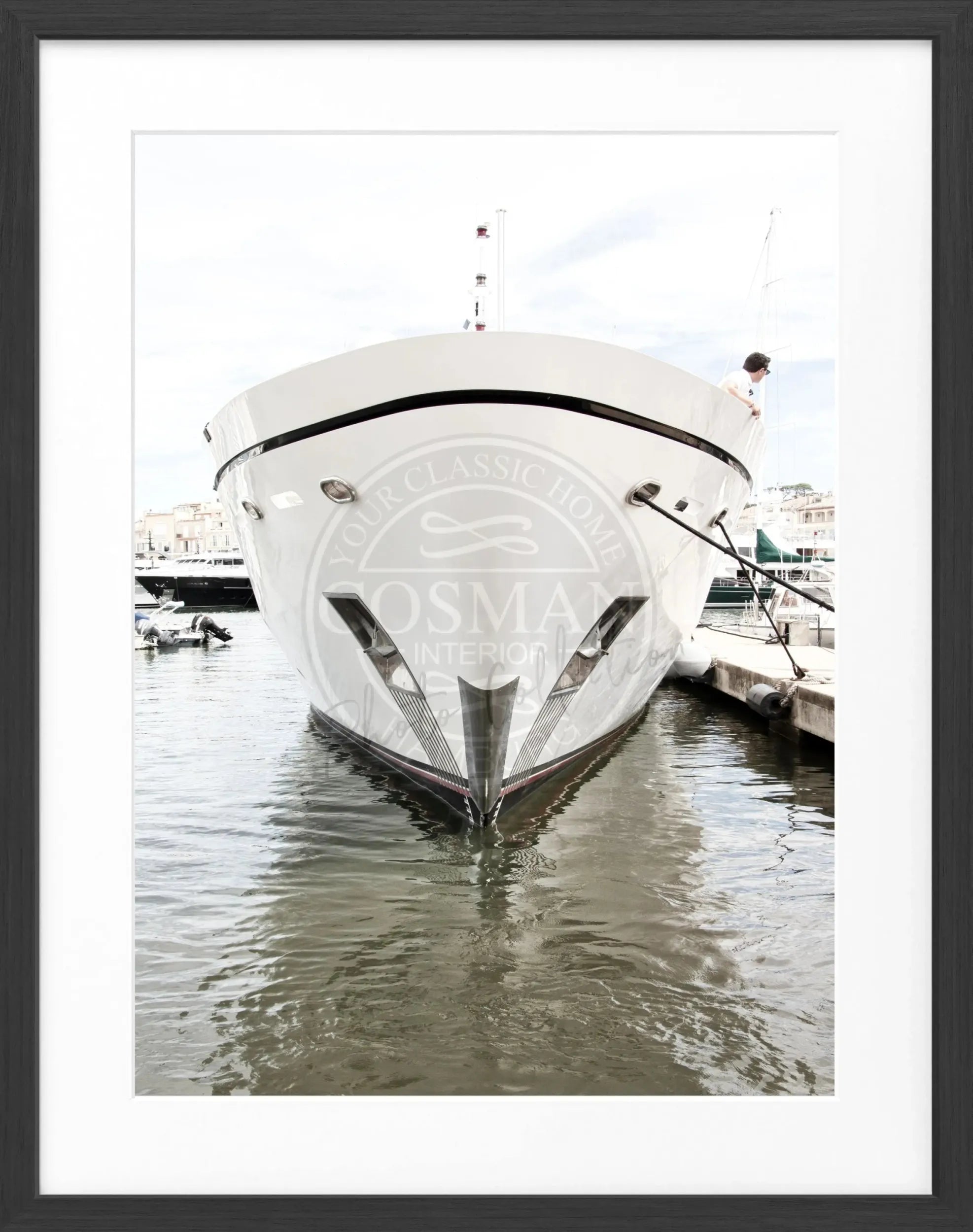 Schwarz-weiß Poster mit Rahmen von Cosman-Photocollection, Motiv einer Yacht in Saint Tropez, 25x31cm, stilvolle Wanddekoration