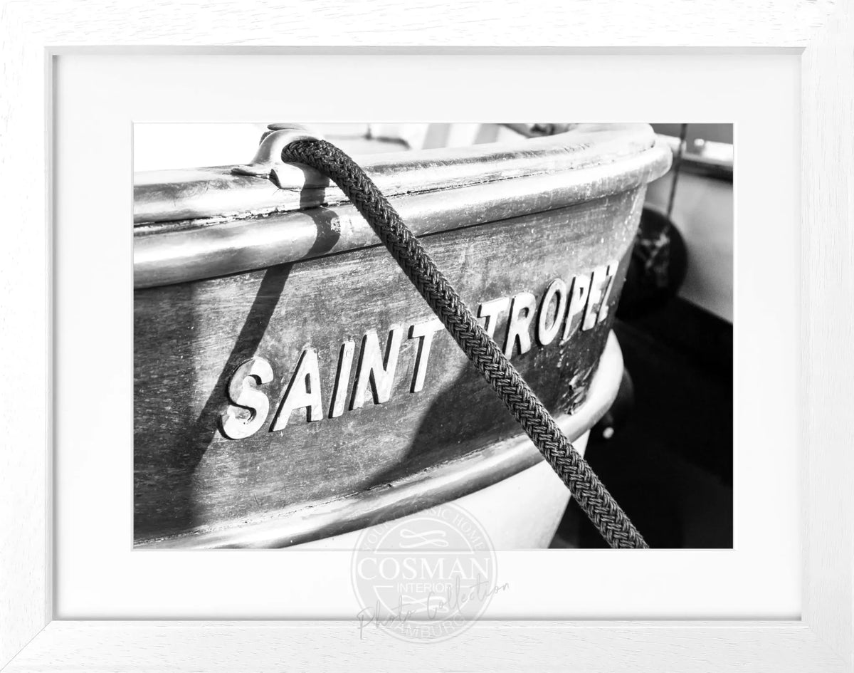 Schwarz-weiß Poster mit Rahmen von Cosman-Photocollection, Boot-Motiv in Saint Tropez, 31x25 cm, schönes maritimes Wandbild