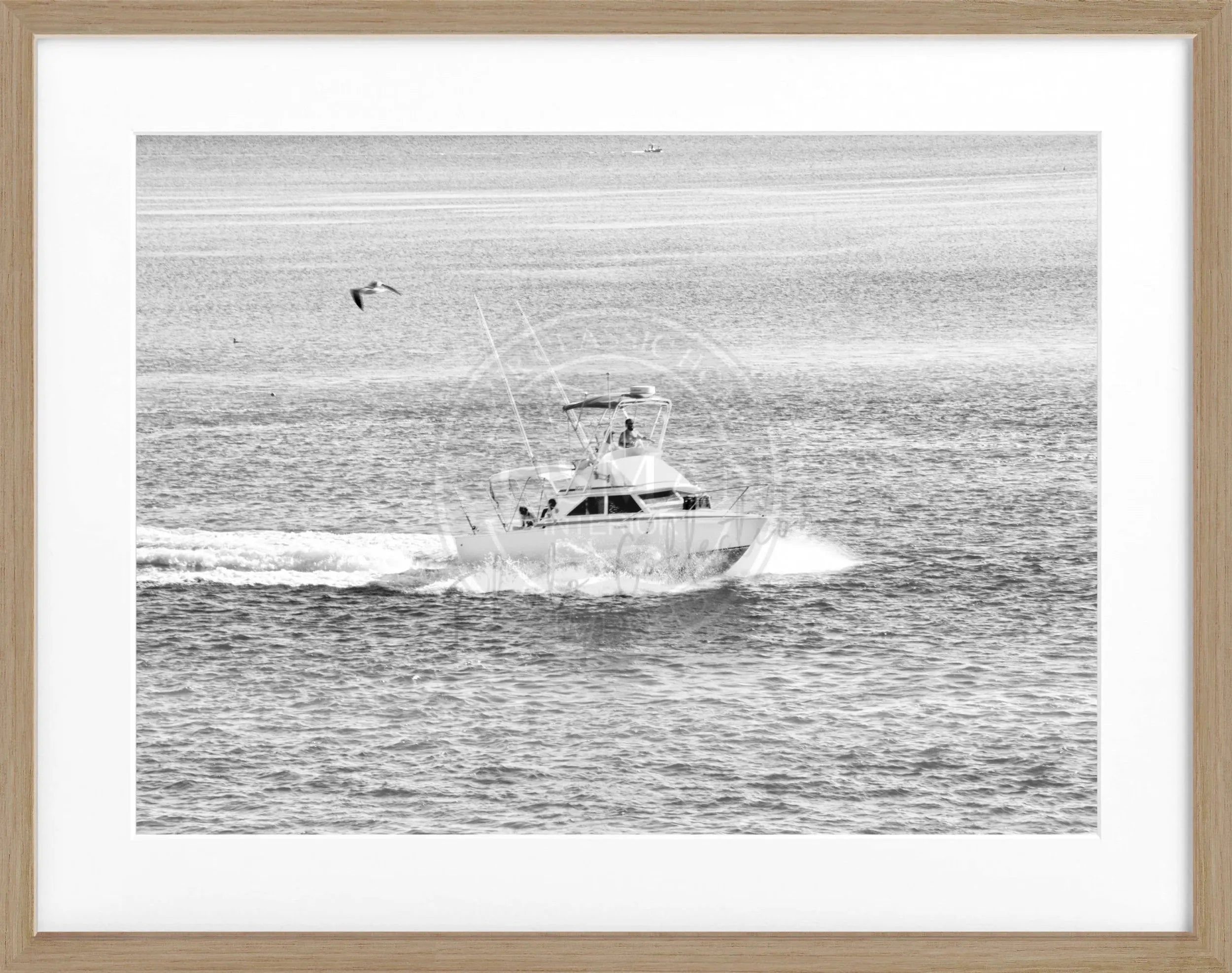 Schwarz-weiß Poster mit Rahmen, Florida Keys Boot-Motiv, von Cosman-Photocollection, 31x25 cm.