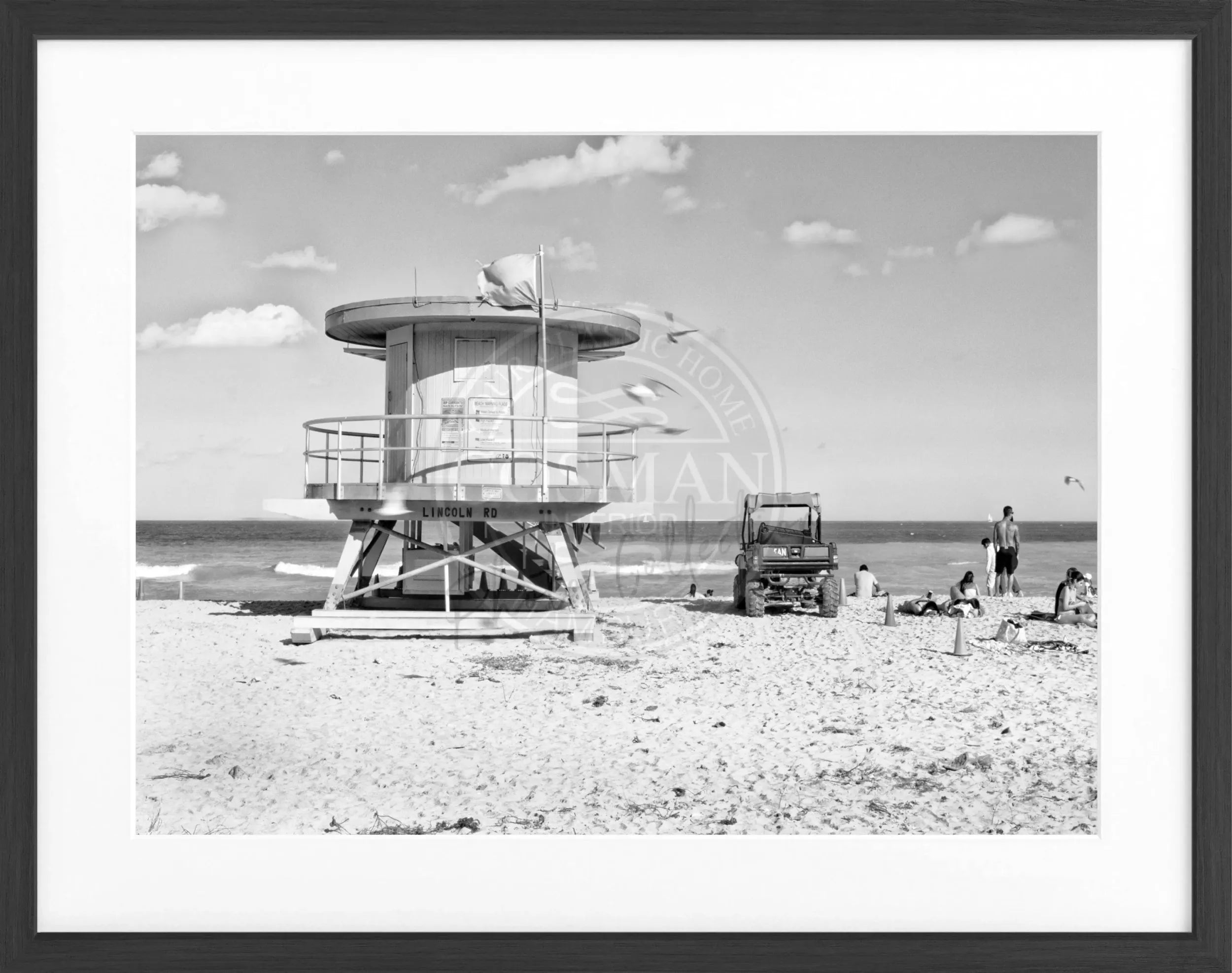 Schwarz-weiß Poster mit Rahmen von Cosman-Photocollection, Florida Miami Beach, 31x25 cm, Wanddekoration im Fotostil