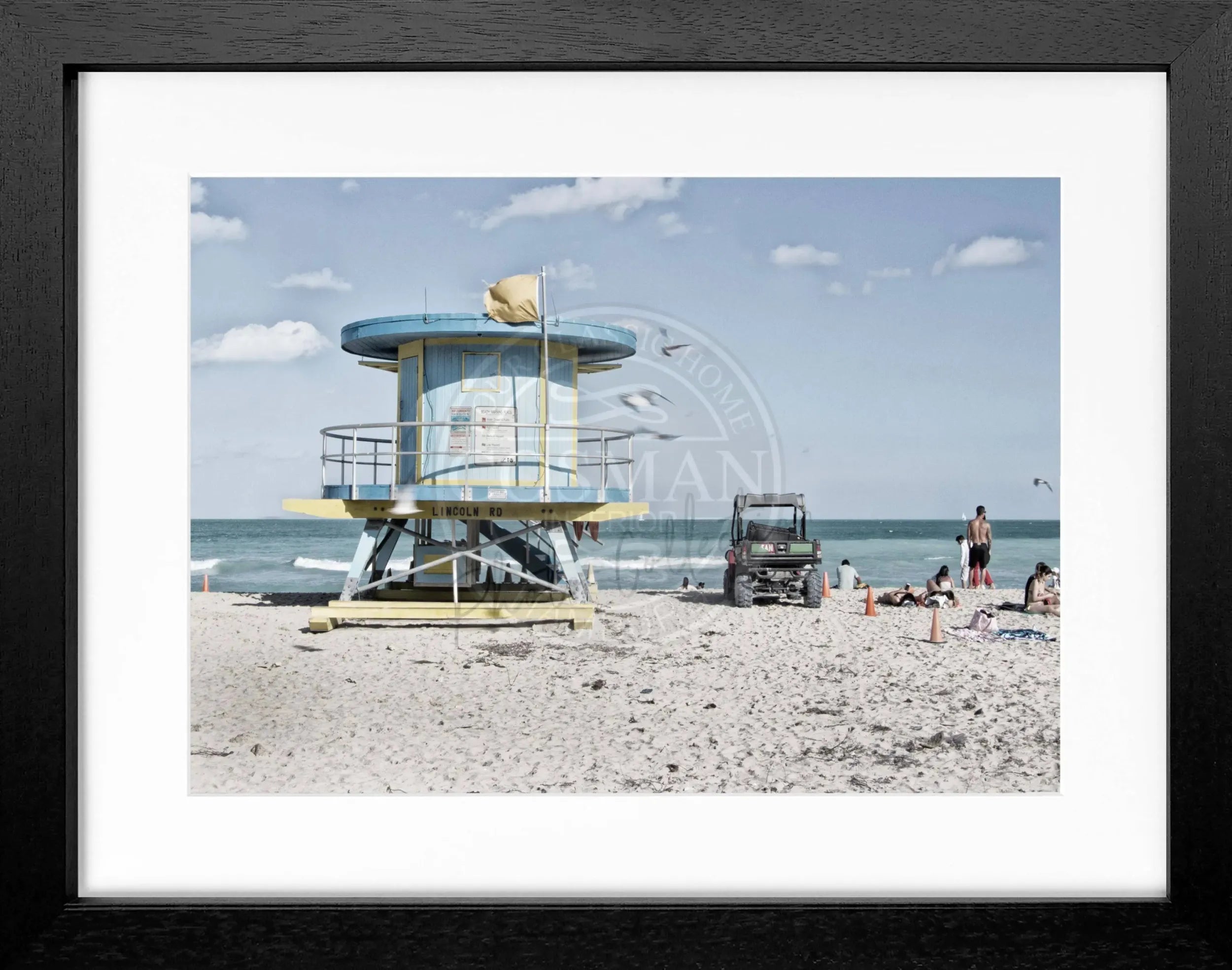Schwarz-weiß Poster mit Rahmen von Miami Beach, Florida, im Bild, Maße 31x25cm, von Cosman-Photocollection.
