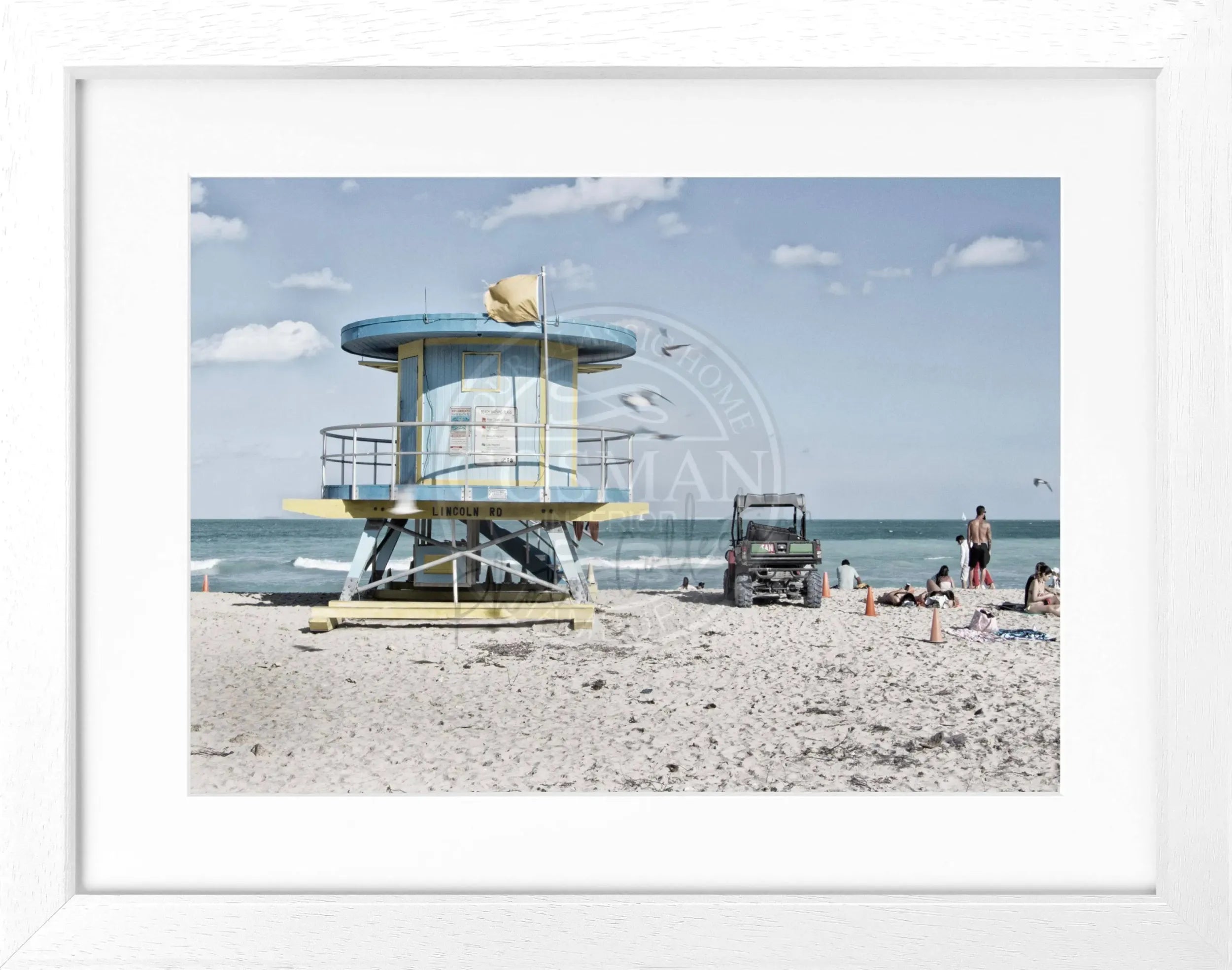 Schwarz-weiß Poster mit Rahmen von Miami Beach Florida, 31x25 cm, von Cosman-Photocollection, Wanddekoration im Fotostil