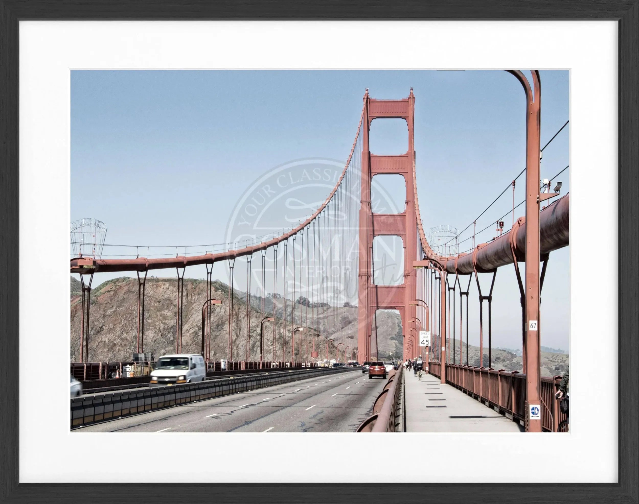 Schwarz-weiß Poster mit Rahmen von der Golden Gate Bridge in San Francisco, 31x25cm, von Cosman-Photocollection.