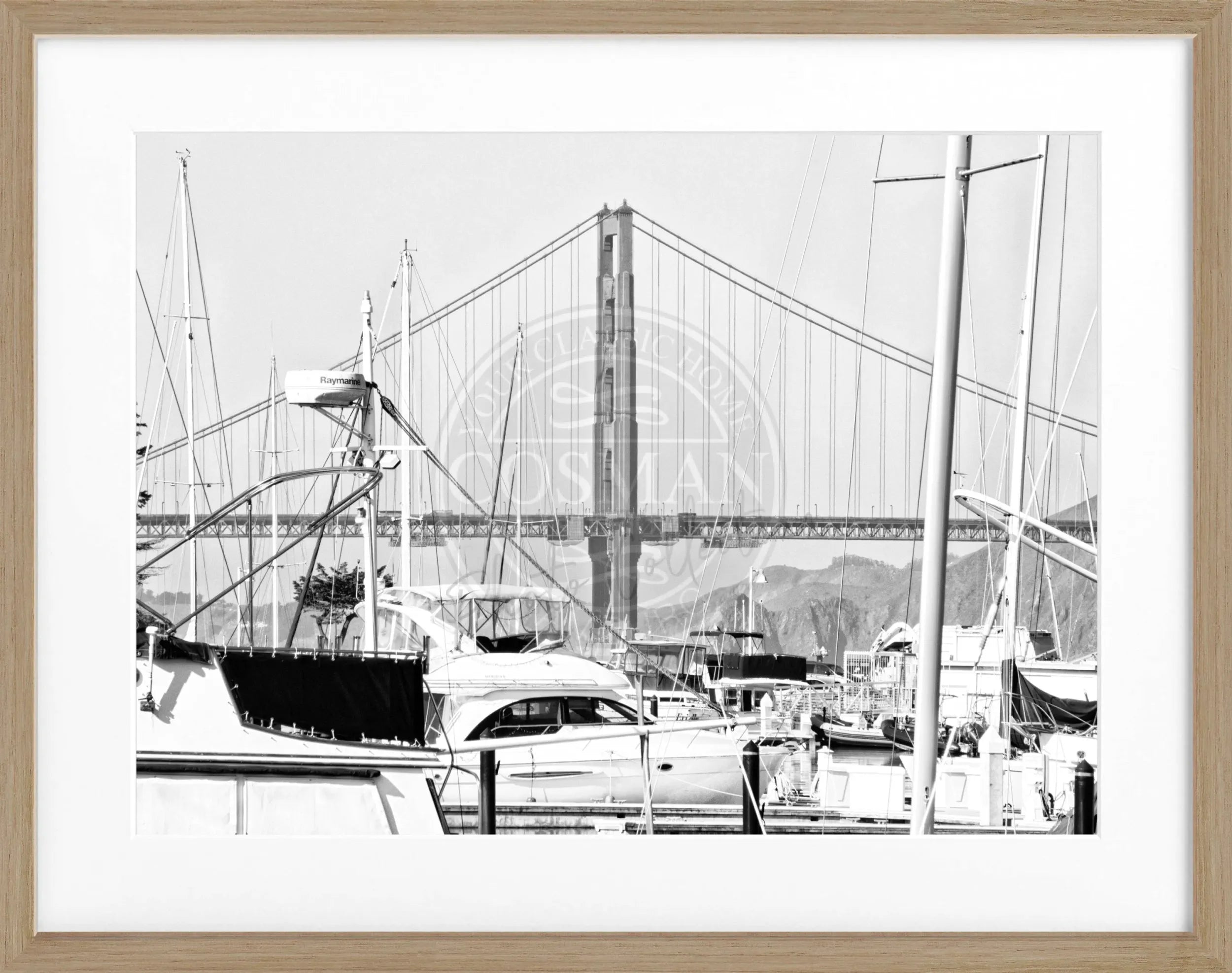 Schwarz-weiß Poster der Golden Gate Bridge in Rahmen, von Cosman-Photocollection, 31x25 cm, San Francisco Sehenswürdigkeit