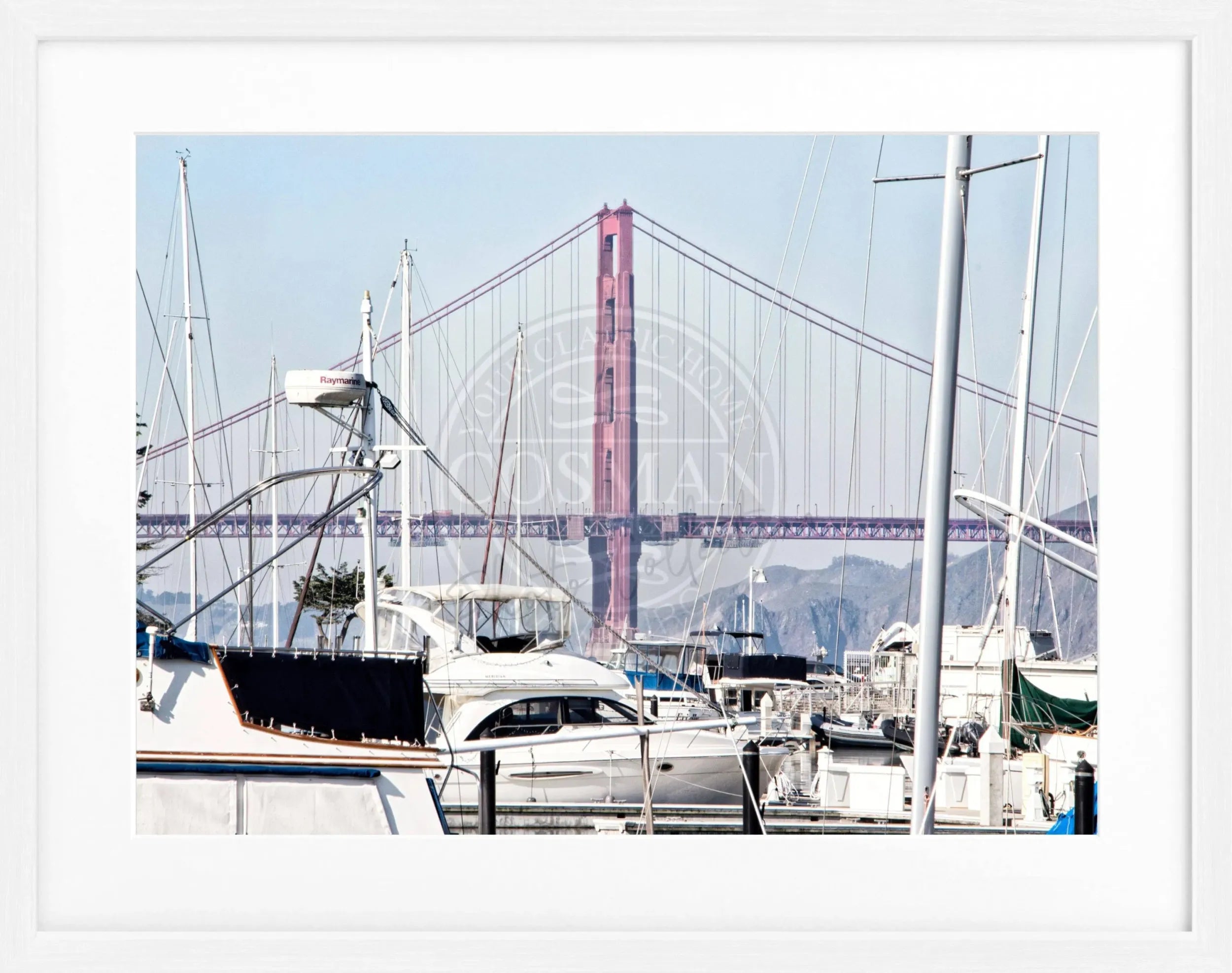Schwarz-weiß Poster mit Rahmen, Golden Gate Bridge San Francisco, von Cosman-Photocollection, 31x25 cm.