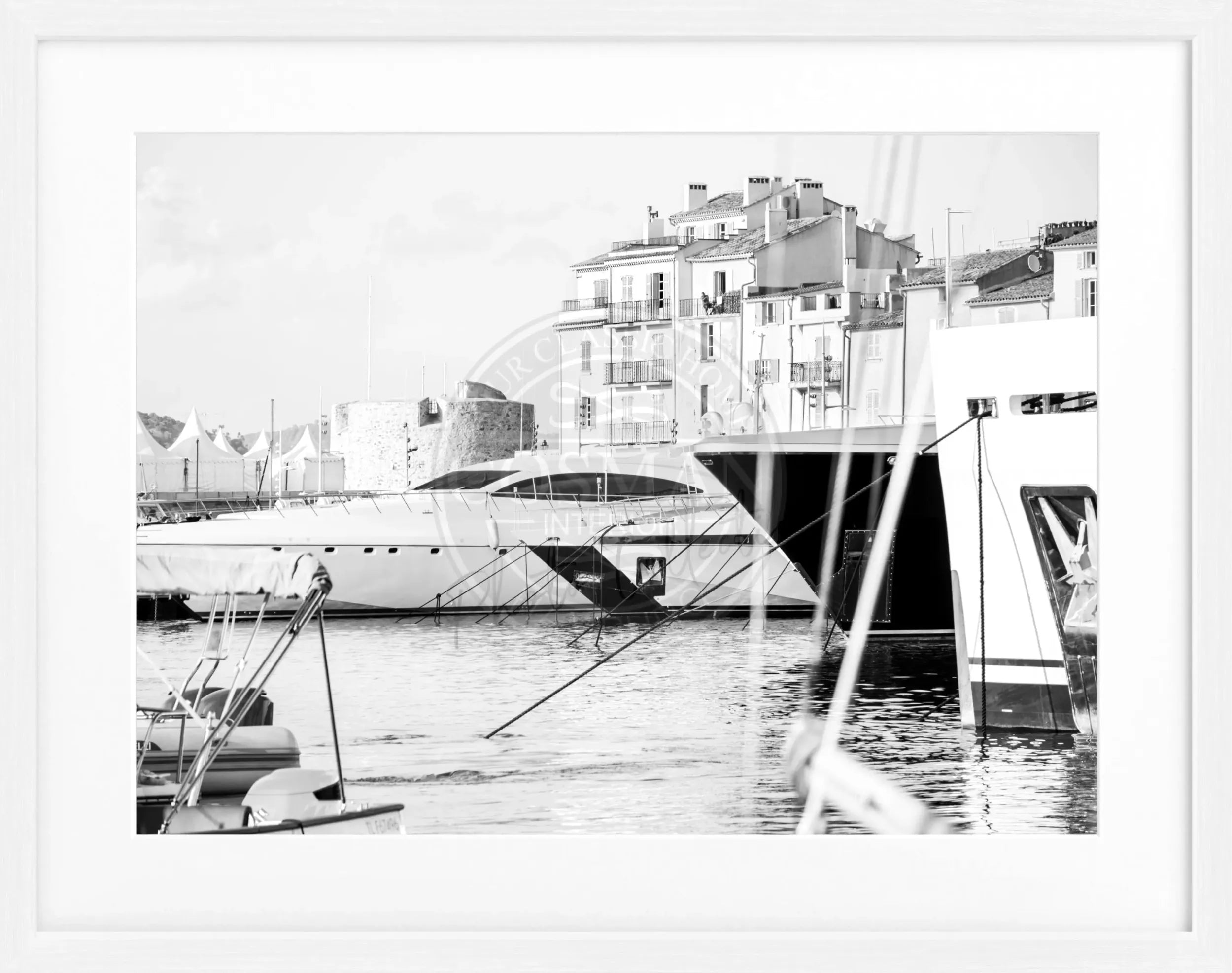 Schwarz-weiß Poster mit Rahmen 'Hafen' Saint Tropez, 31x25 cm, von Cosman-Photocollection, maritime Stadtansicht