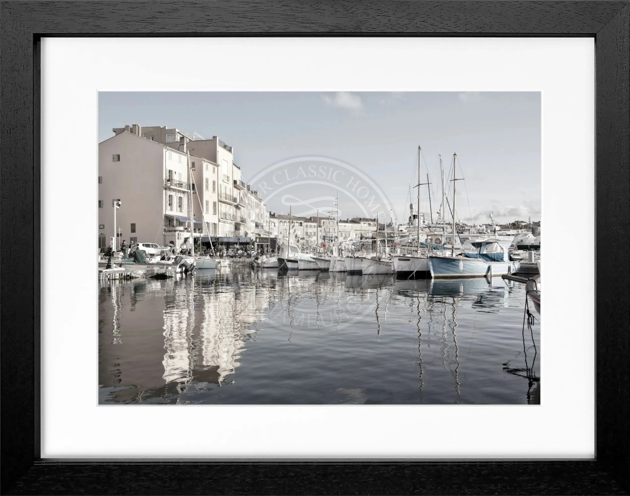 Schwarz-weiß Poster mit Rahmen, Hafen von Saint Tropez, Cosman-Photocollection, 31x25cm, maritime Wanddekoration
