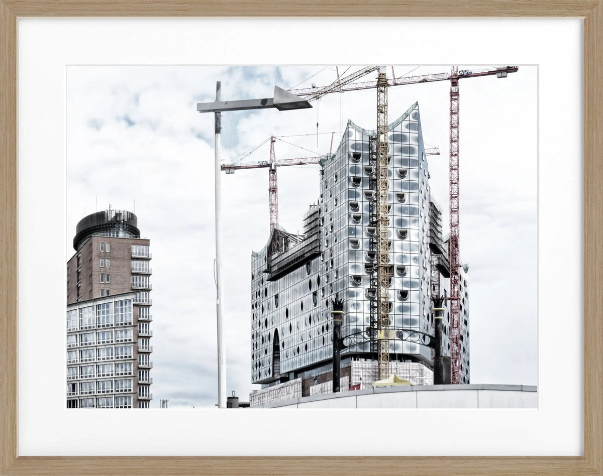Schwarz-weiß Poster mit Rahmen, Hamburg Elphi Motiv, 31x25 cm, von Cosman-Photocollection, Wanddekoration für Hamburg-Fans