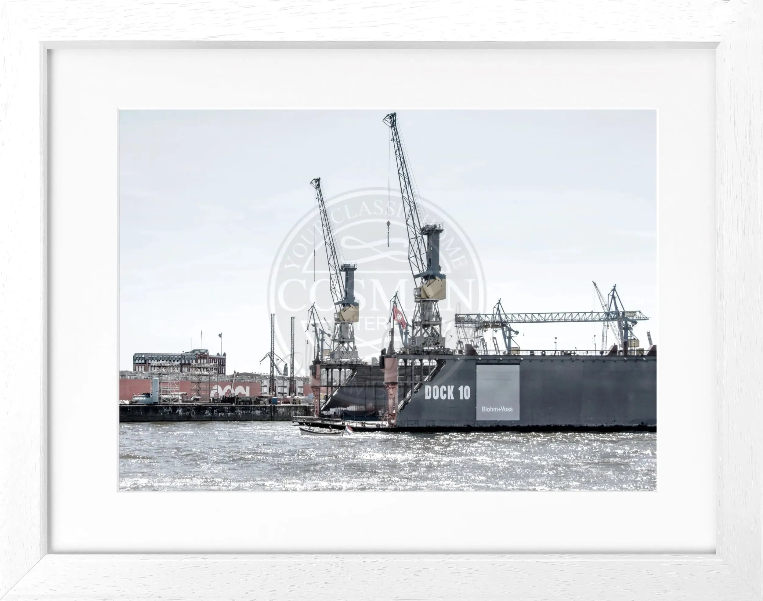 Schwarz-weiß Poster mit Rahmen, Hamburg Hafen Dock 10, von Cosman-Photocollection, 31x25 cm, maritimes Hafenmotiv