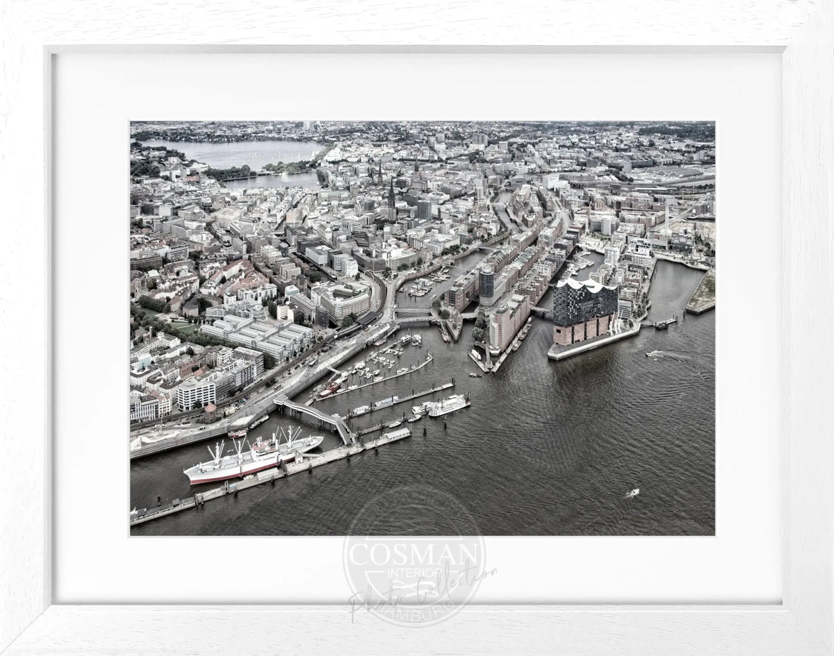 Schwarz-weiß Poster mit Rahmen von Cosman-Photocollection, Hamburg Hafen Motiv, 31x25 cm, hochwertiges Wandbild