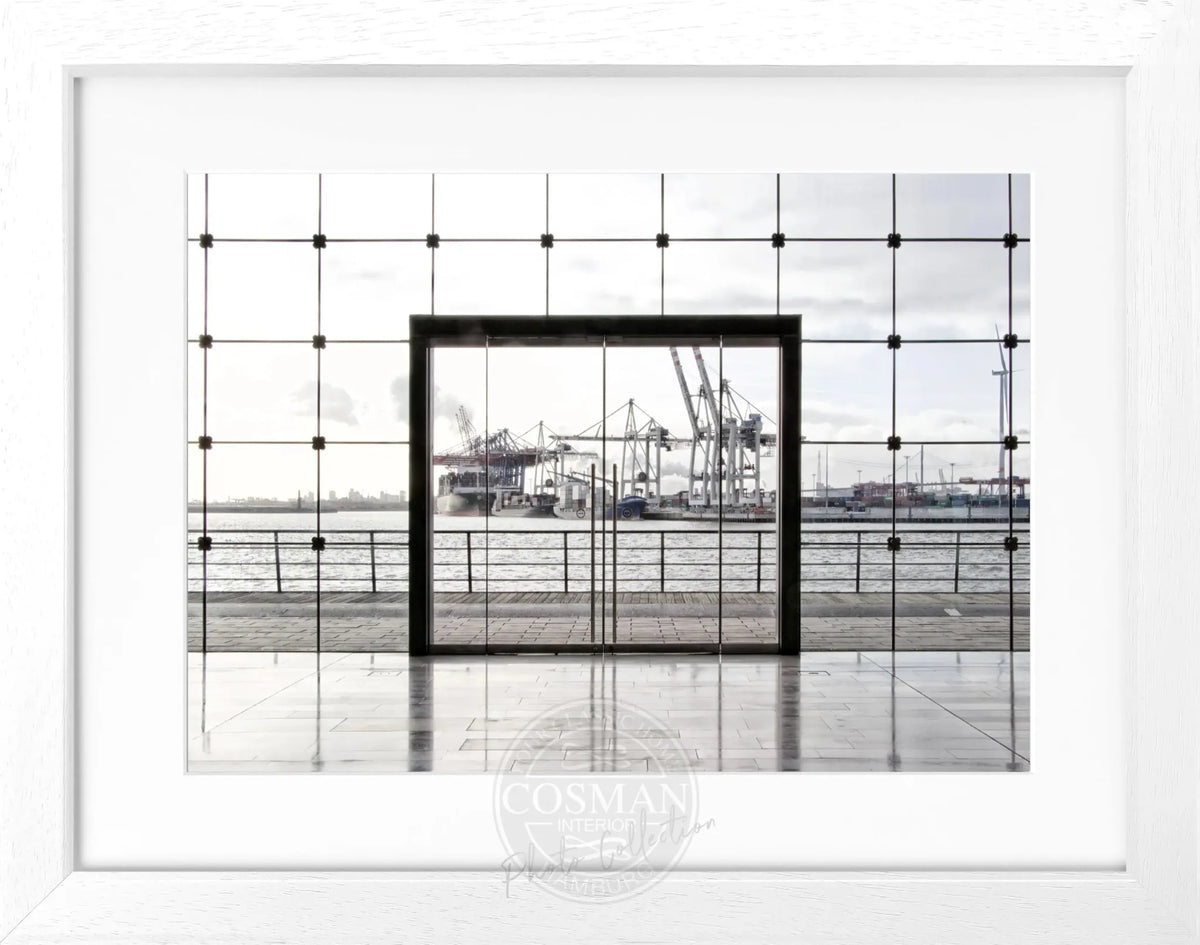 Schwarz-weiß Poster mit Rahmen, Hamburg Hafen, Cosman-Photocollection, 31x25cm, maritime Stadtansicht