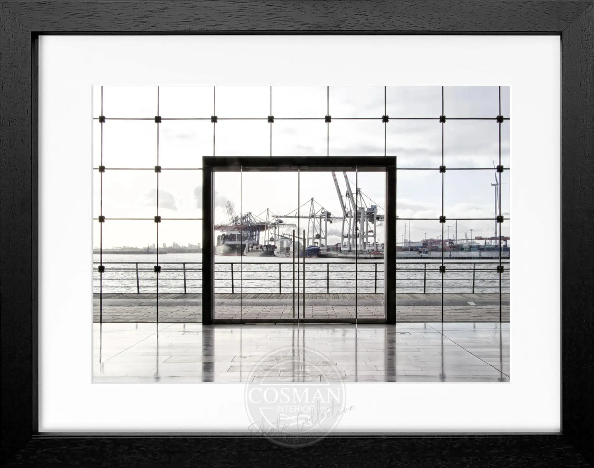 Schwarz-weiß Poster mit Rahmen, Hamburg Hafen, Cosman-Photocollection, 31x25cm, maritime Stadtansicht