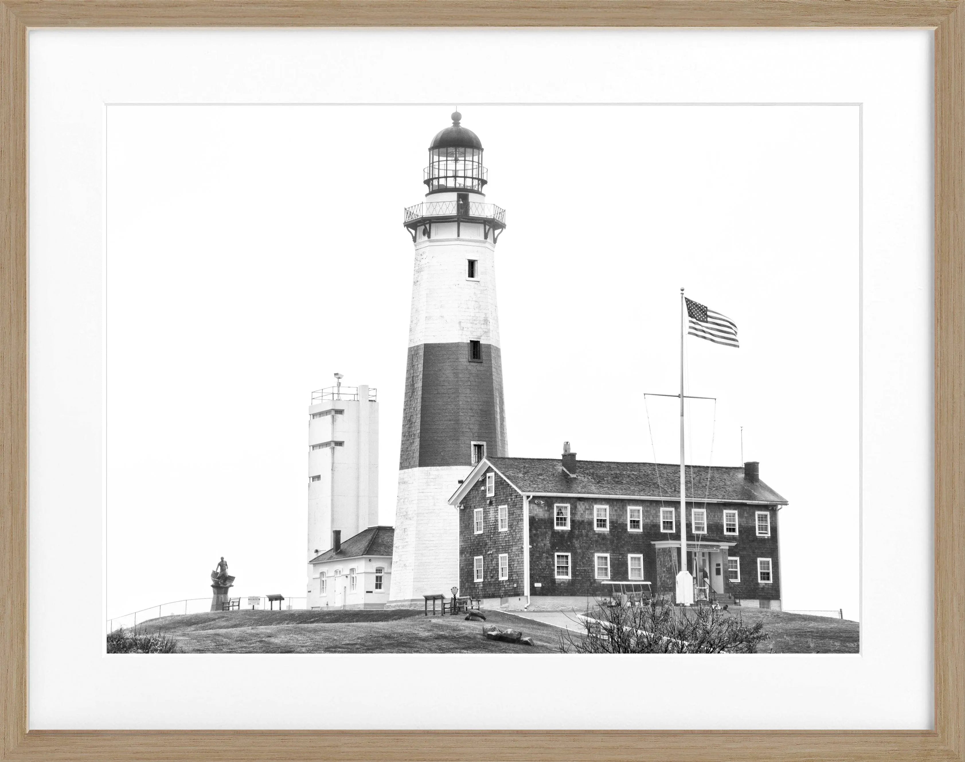 Schwarz-weiß Poster mit Rahmen, Hamptons Montauk Lighthouse Motiv, von Cosman-Photocollection, 31x25 cm