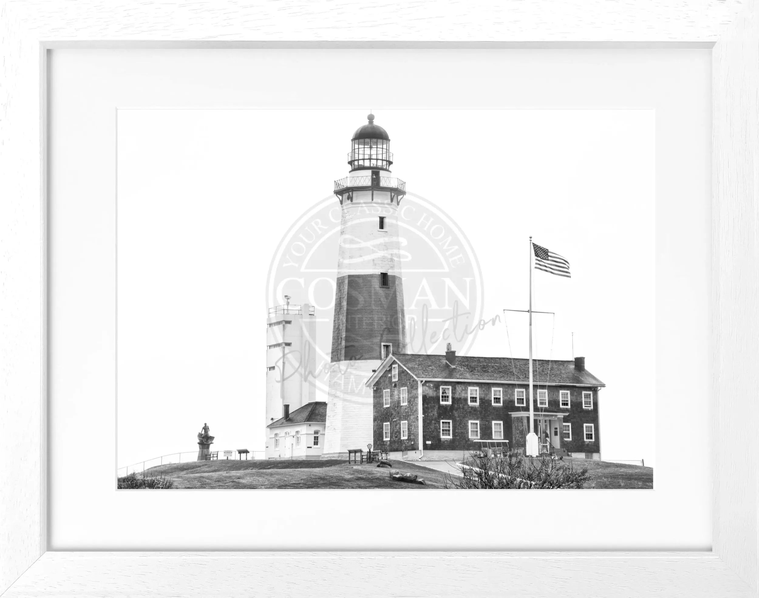 Schwarz-weiß Poster mit Rahmen von Cosman-Photocollection, Montauk Leuchtturm in den Hamptons, 31x25 cm, Wanddekoration