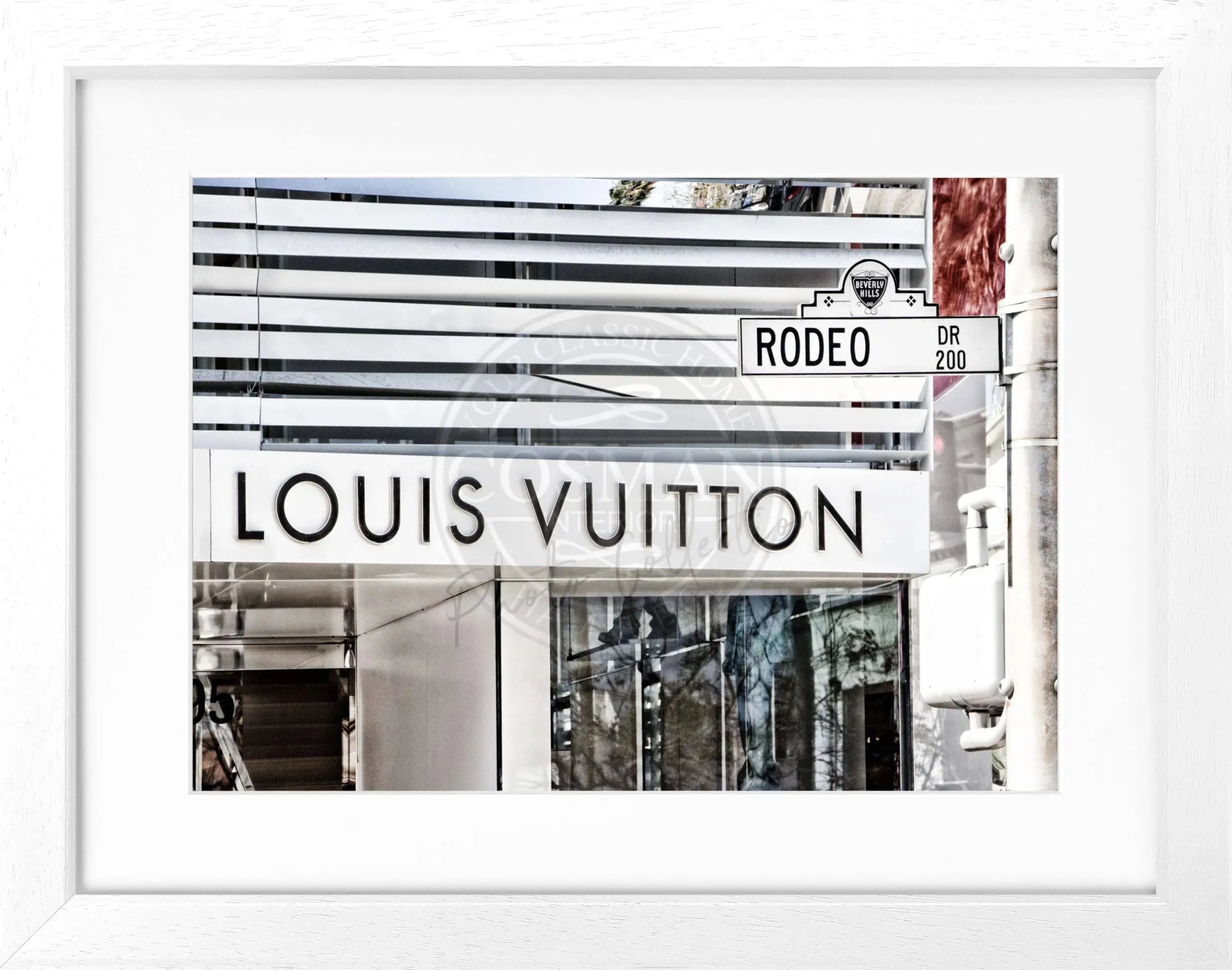 Schwarz-weiß Poster mit Rahmen, Kalifornien Beverly Hills Motiv, Louis Vuitton Branding, von Cosman-Photocollection, 31x25 cm