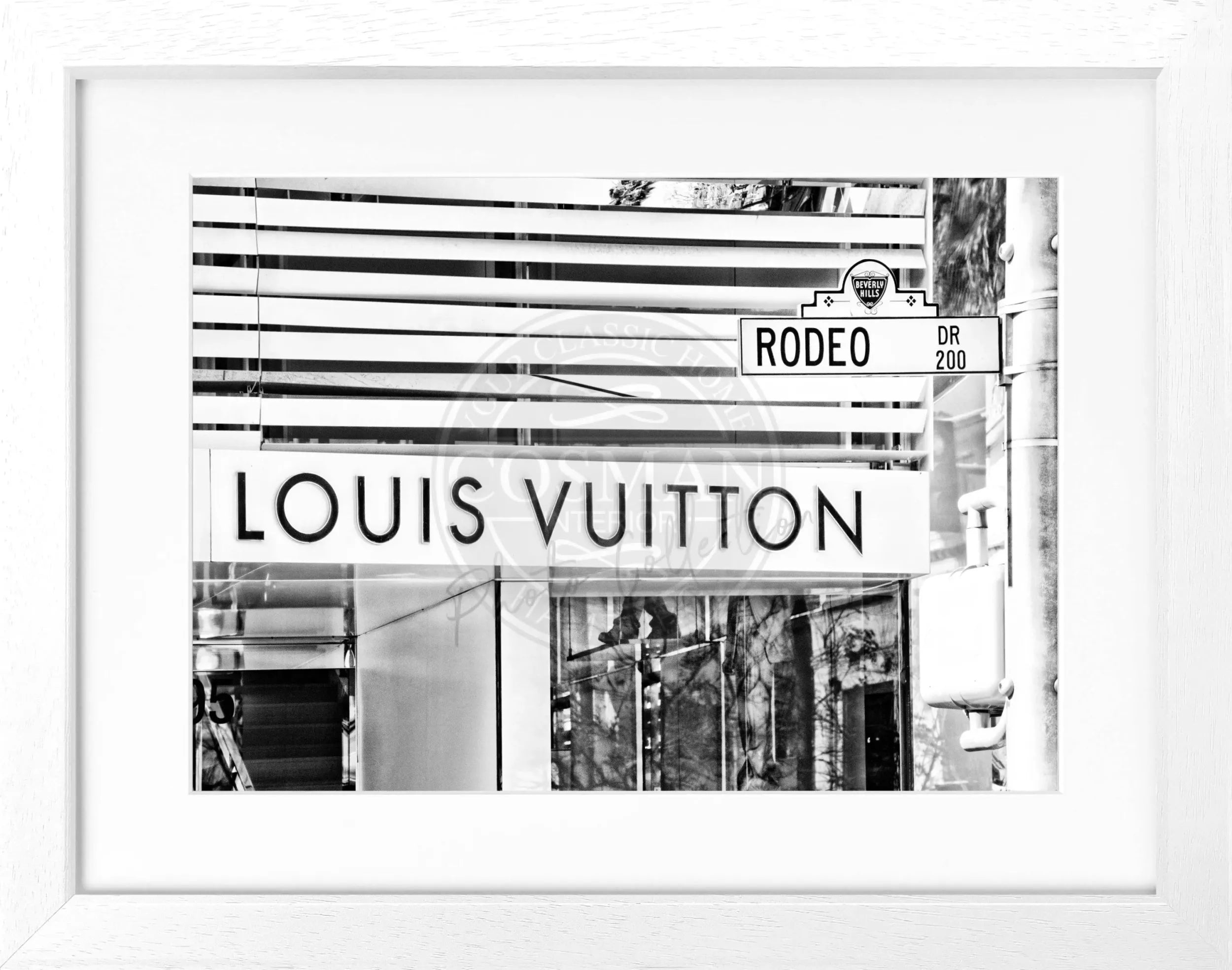 Schwarz-weiß Poster von Beverly Hills Kalifornien mit Louis Vuitton Motiv, eingerahmt, von Cosman-Photocollection, 31x25 cm.