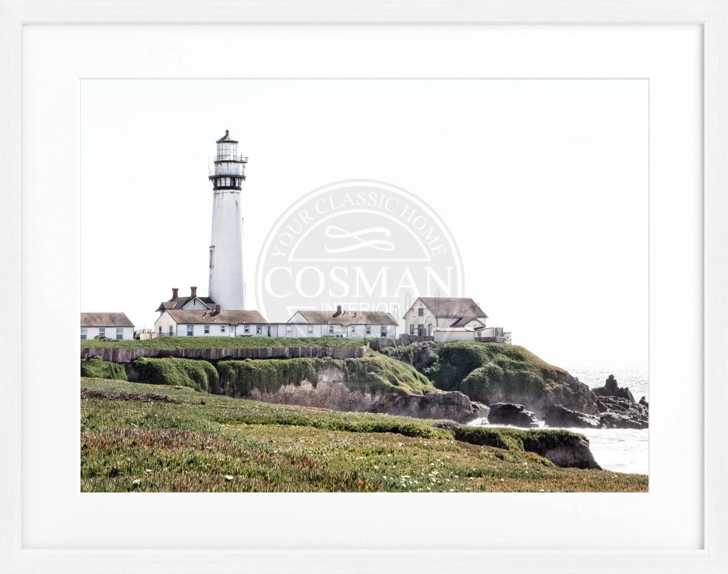 Schwarz-weiß Poster mit Rahmen von Kalifornien, Lighthouse Motiv, 31x25cm, von Cosman-Photocollection.