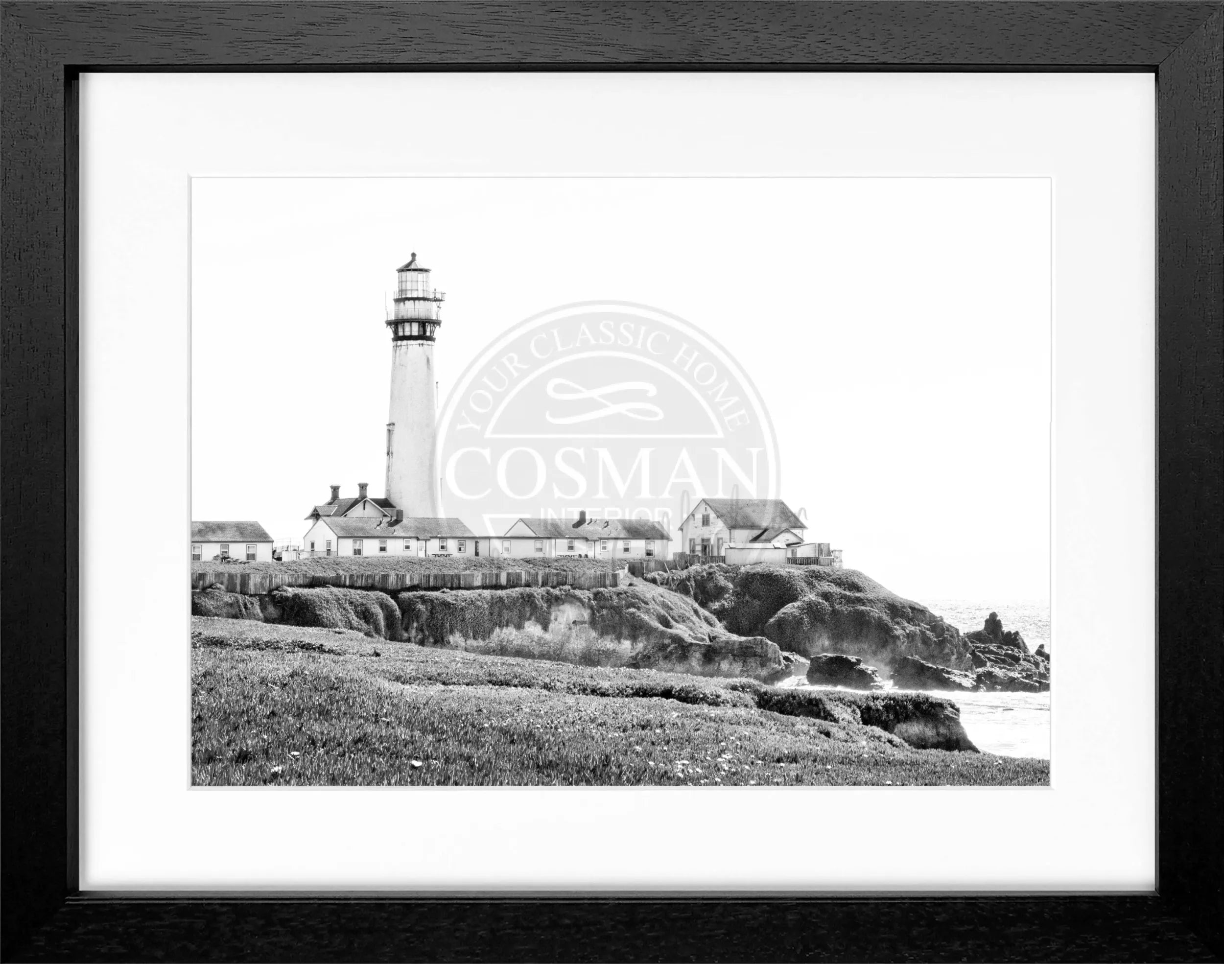 Schwarz-weiß Poster mit Rahmen von Cosman-Photocollection, Kalifornien Leuchtturm, Motiv, 31cm x 25cm, Wanddekoration