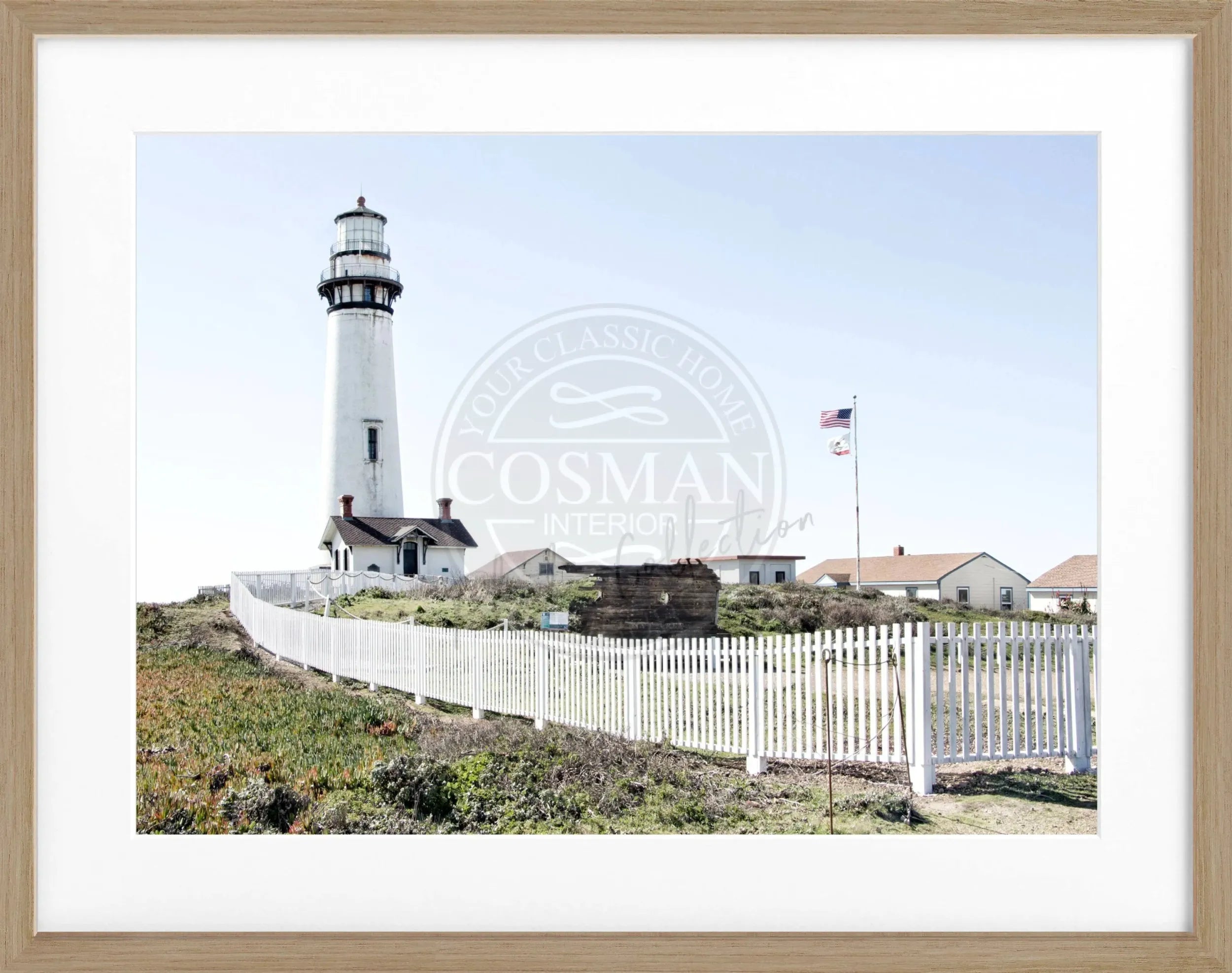 Schwarz-weiß Poster mit Rahmen, Kalifornien Leuchtturm Pigeon Point, von Cosman-Photocollection, 31x25 cm, Blick auf den Leuchtturm