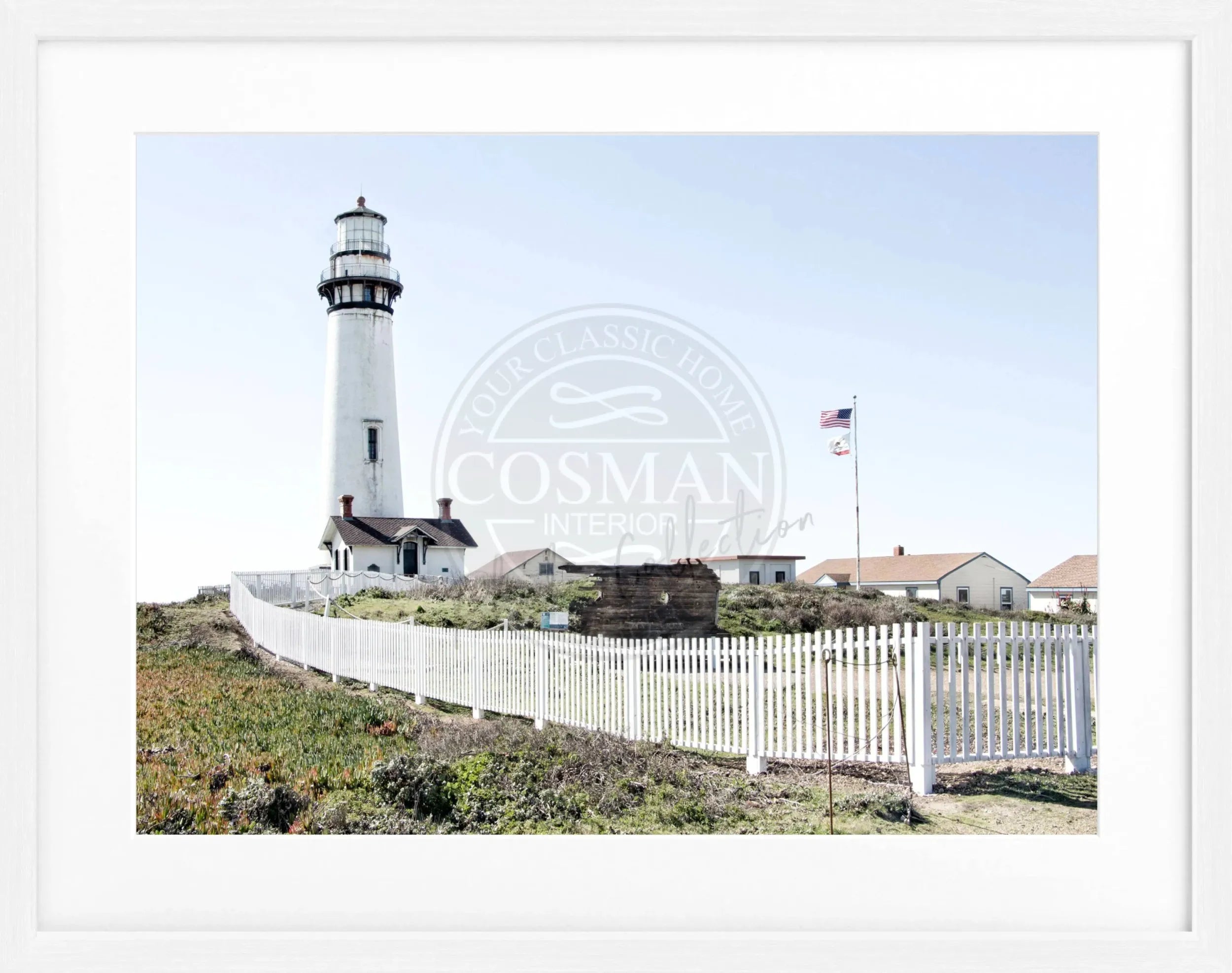 Schwarz-weiß Poster mit Rahmen von Cosman-Photocollection, Kalifornien Leuchtturm Pigeon Point, 31x25 cm, Wanddekoration