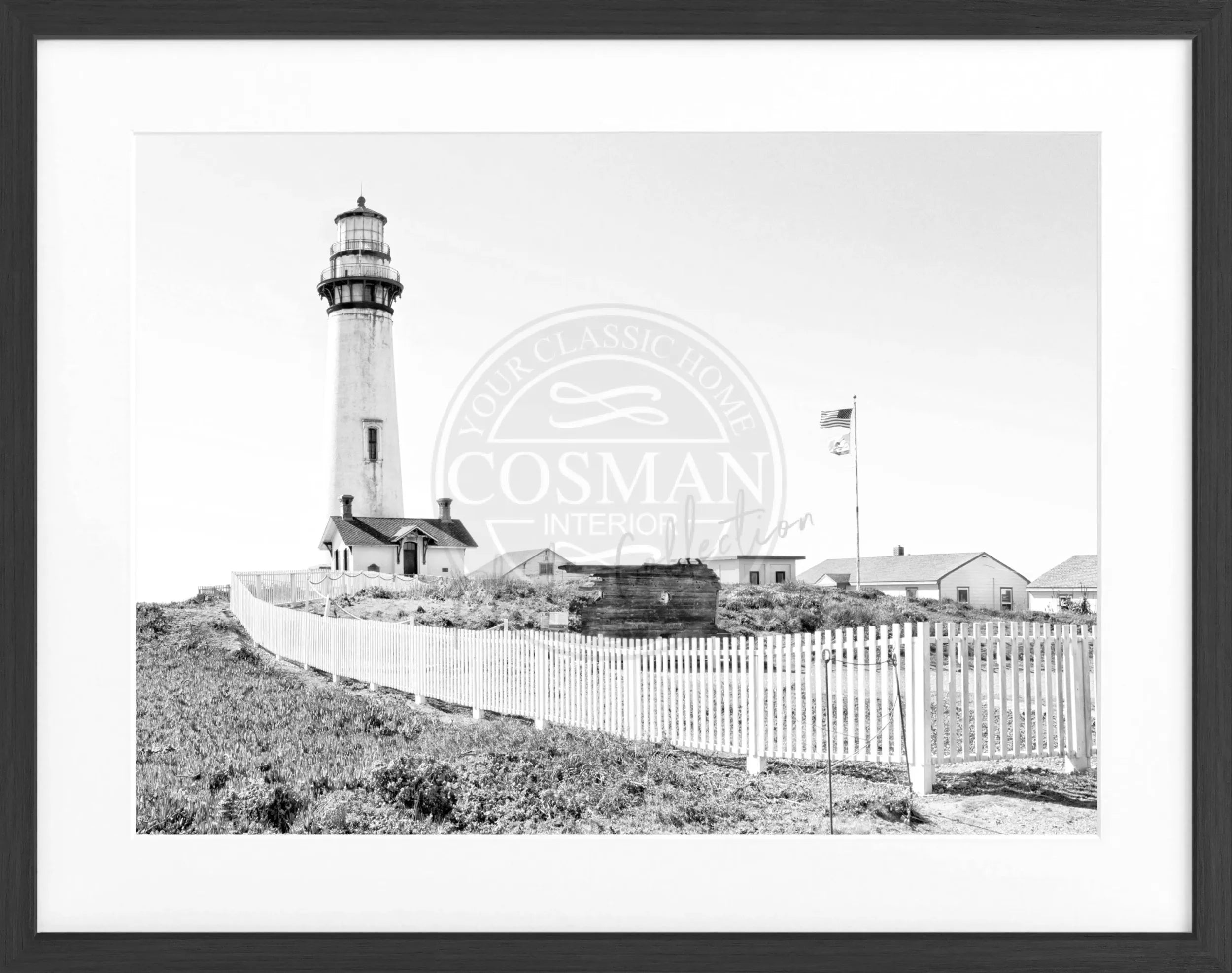 Schwarz-weiß Poster mit Rahmen von Kalifornien, Leuchtturm Pigeon Point, von Cosman-Photocollection, 31x25 cm, Wanddekoration