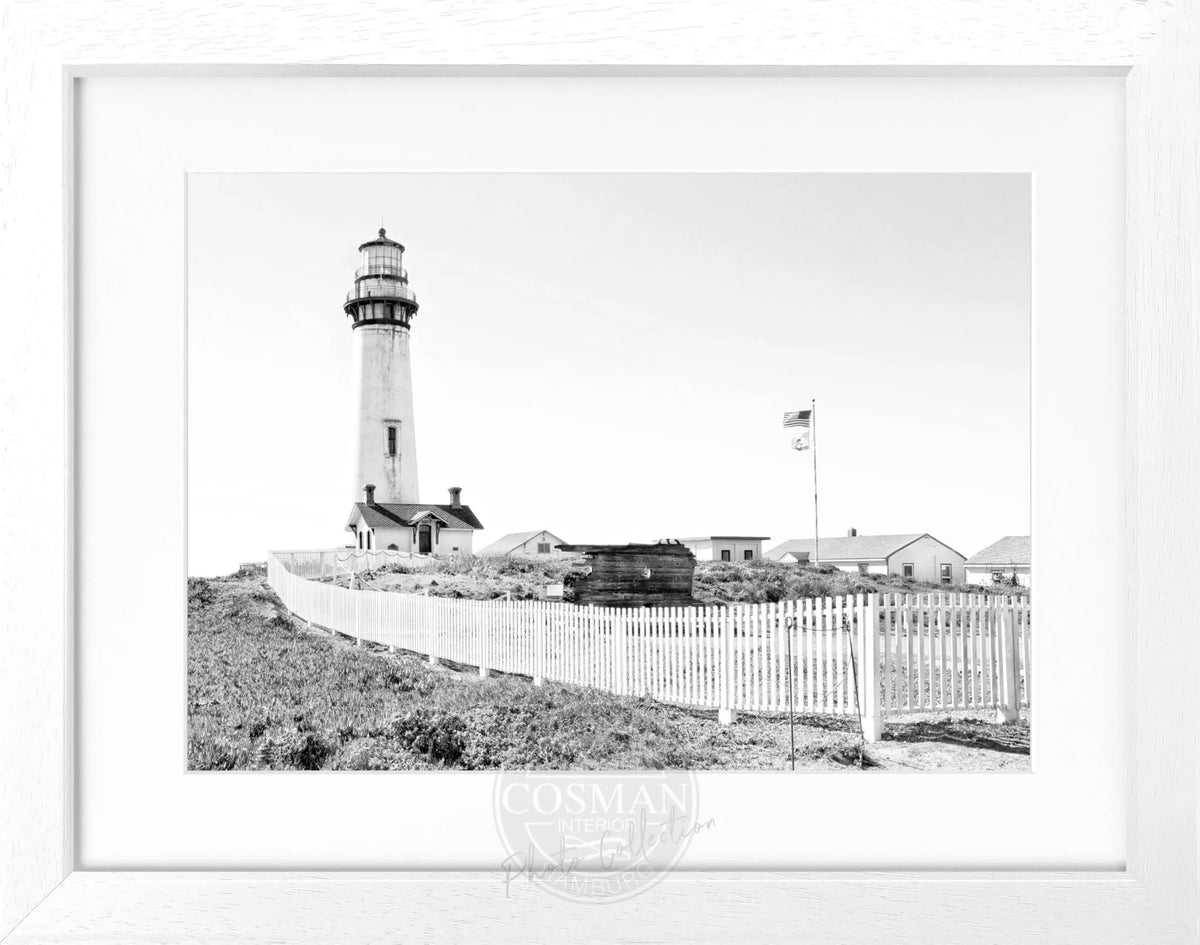 Schwarz-weiß Poster mit Rahmen, Kalifornien Lighthouse Pigeon Point, von Cosman-Photocollection, 31x25 cm, Meeresblick