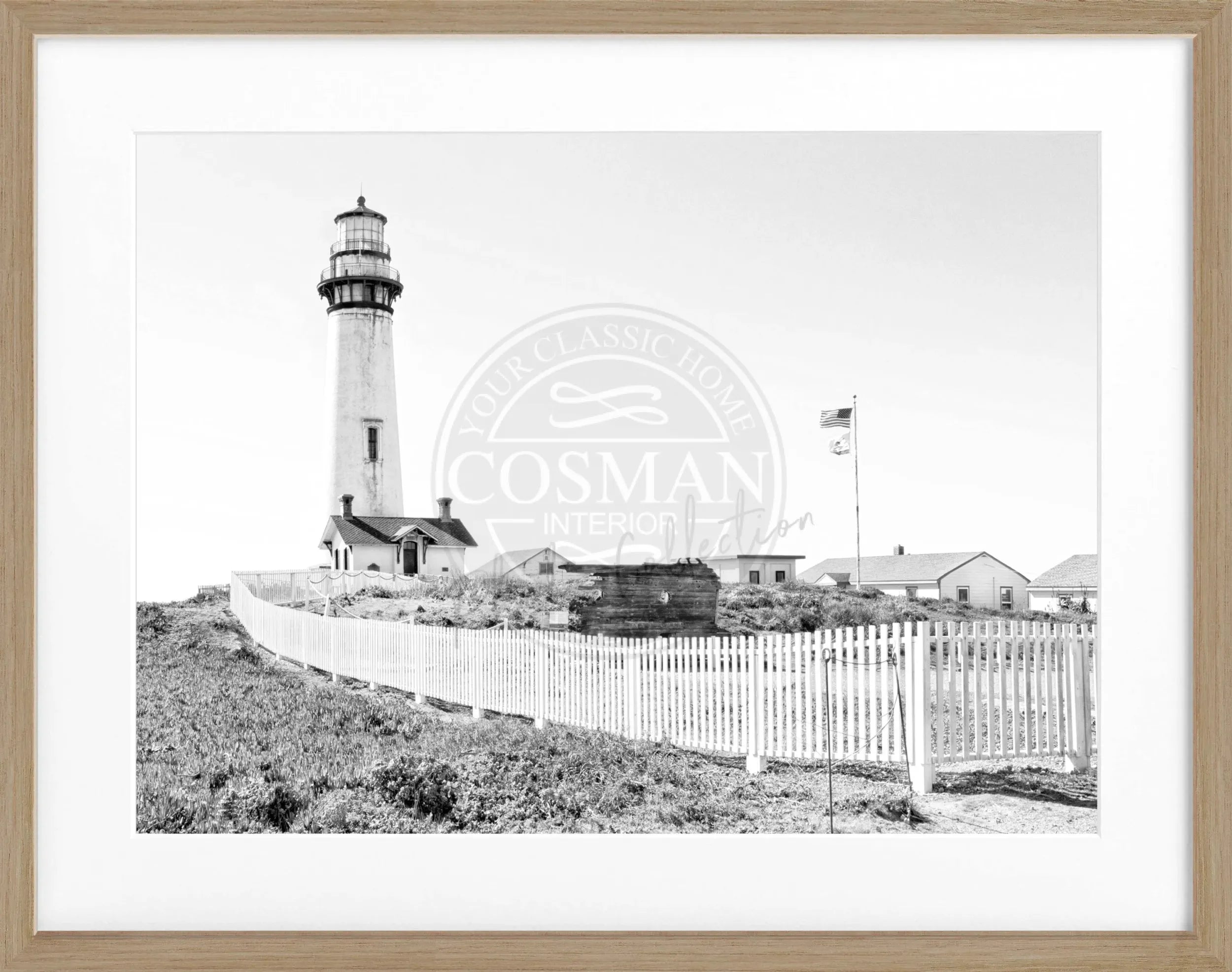 Schwarz-weiß Poster mit Rahmen von Cosman-Photocollection, Kalifornien Leuchtturm Pigeon Point, 31x25 cm, Küstenlandschaft