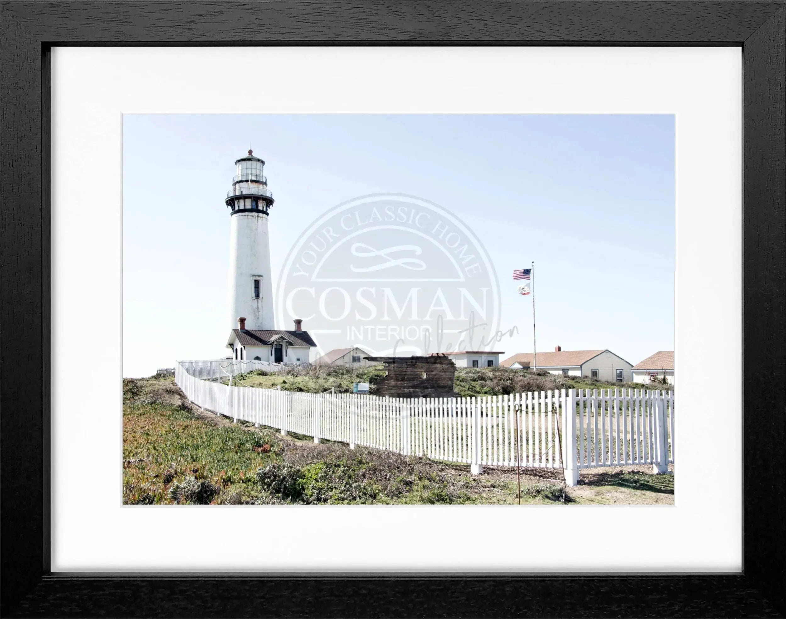 Schwarz-weiß Poster mit Rahmen, Kalifornien Leuchtturm Pigeon Point, von Cosman-Photocollection, 31x25 cm, Wanddekoration