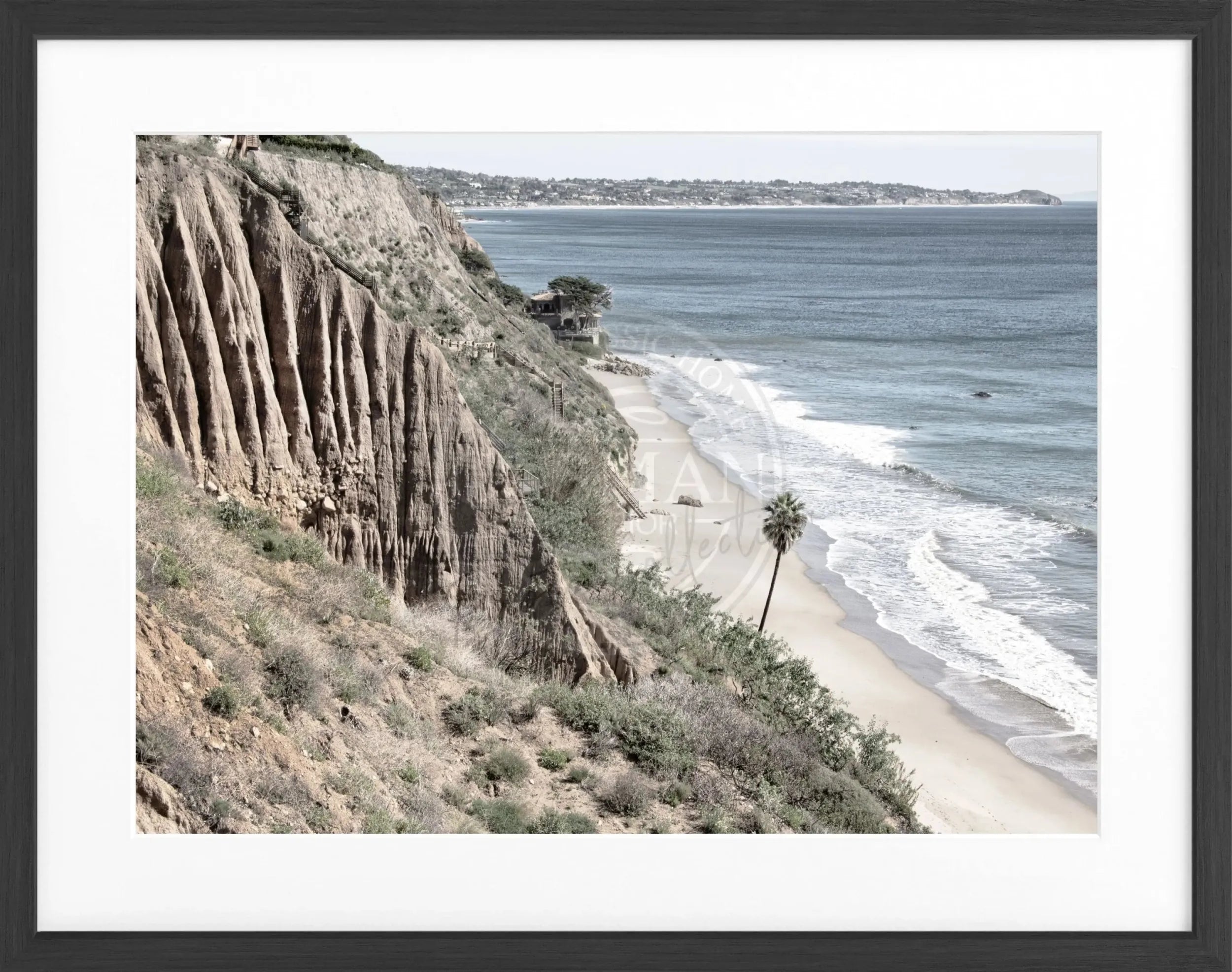 Schwarz-weiß Poster mit Rahmen, Kalifornien Malibu Motiv, 31x25cm, von Cosman-Photocollection