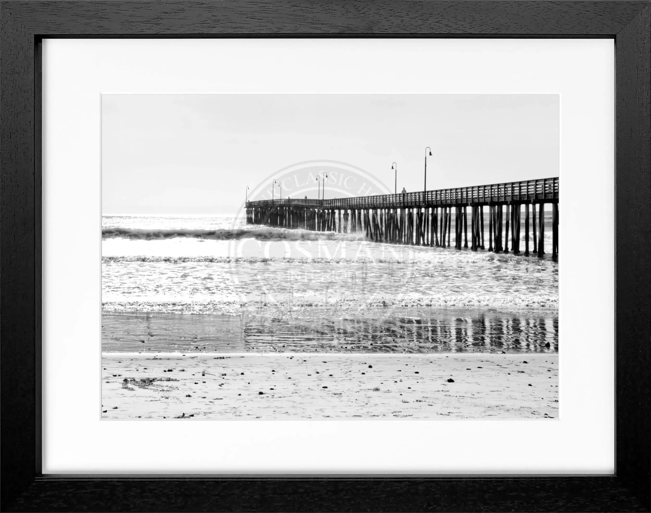 Schwarz-weiß Poster mit Rahmen von Kalifornien ’Pier’ von Cosman-Photocollection, 31x25cm, maritime Strandaufnahme