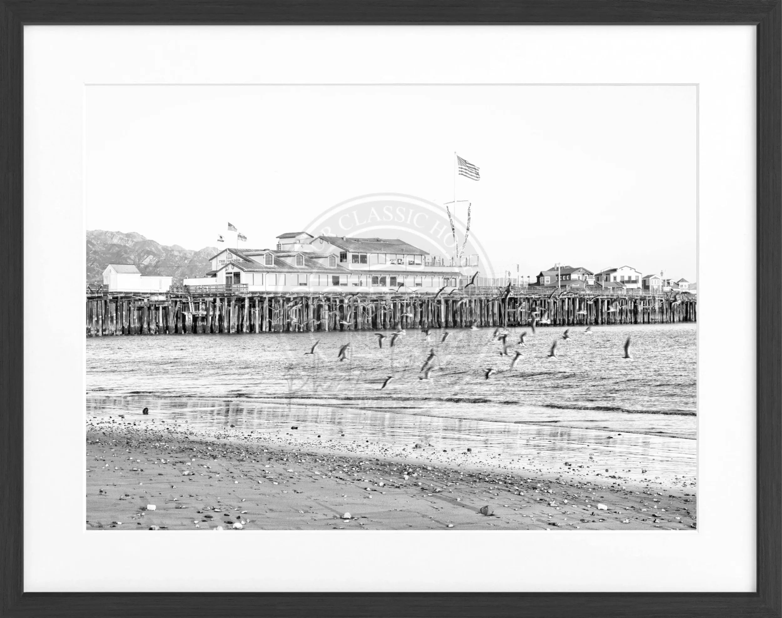 Schwarz-weiß Poster mit Rahmen, Kalifornien Santa Barbara Pier, von Cosman-Photocollection, 31x25 cm, Wanddekoration