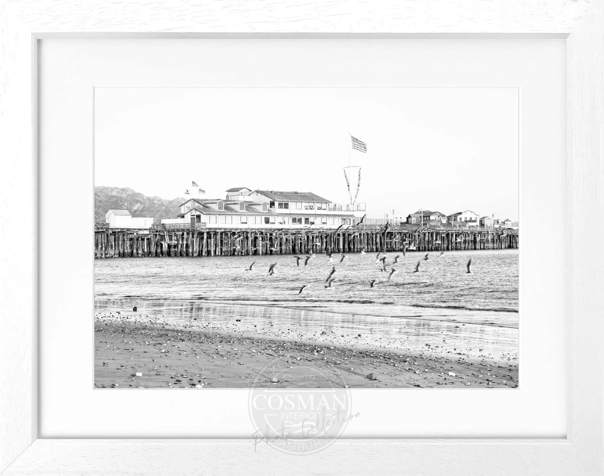 Schwarz-weiß Poster mit Rahmen, Kalifornien Santa Barbara Pier, von Cosman-Photocollection, 31x25 cm, Wanddekoration