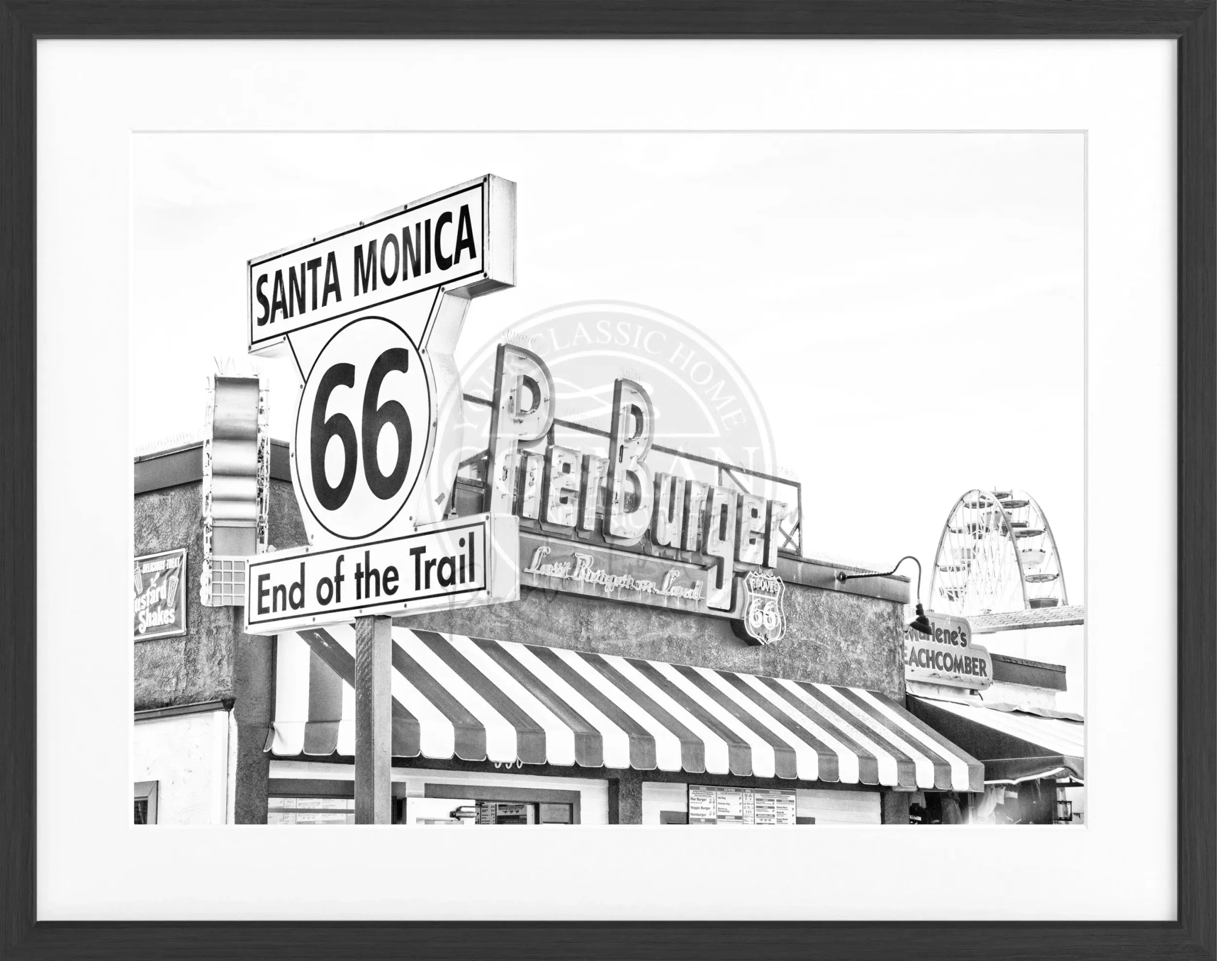 Schwarz-weiß Poster mit Rahmen von Santa Monica Pier in Kalifornien, 31x25cm, von Cosman-Photocollection.
