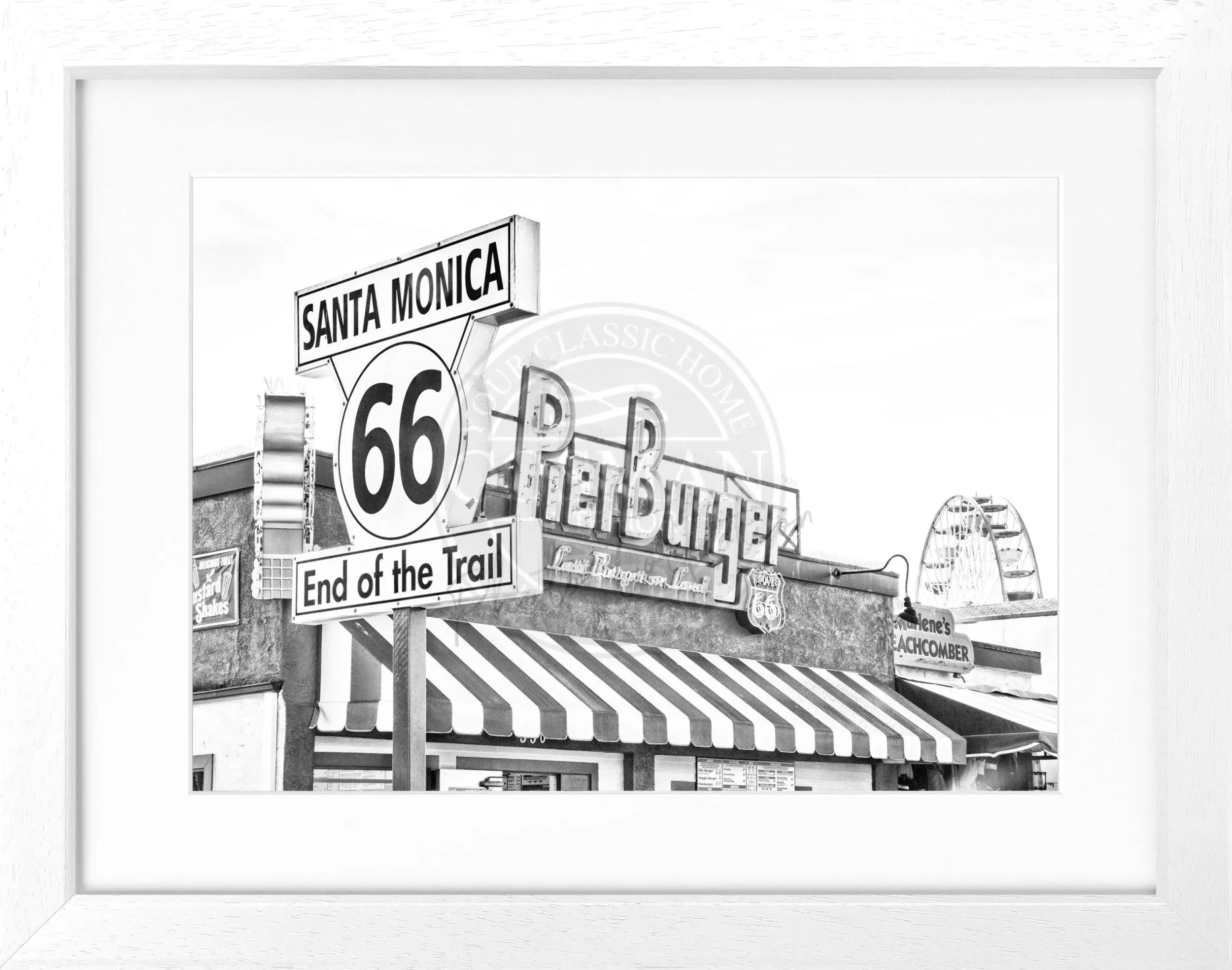 Schwarz-weiß Poster mit Rahmen von Cosman-Photocollection, Kalifornien Santa Monica Pier, 31x25 cm, Wanddekoration