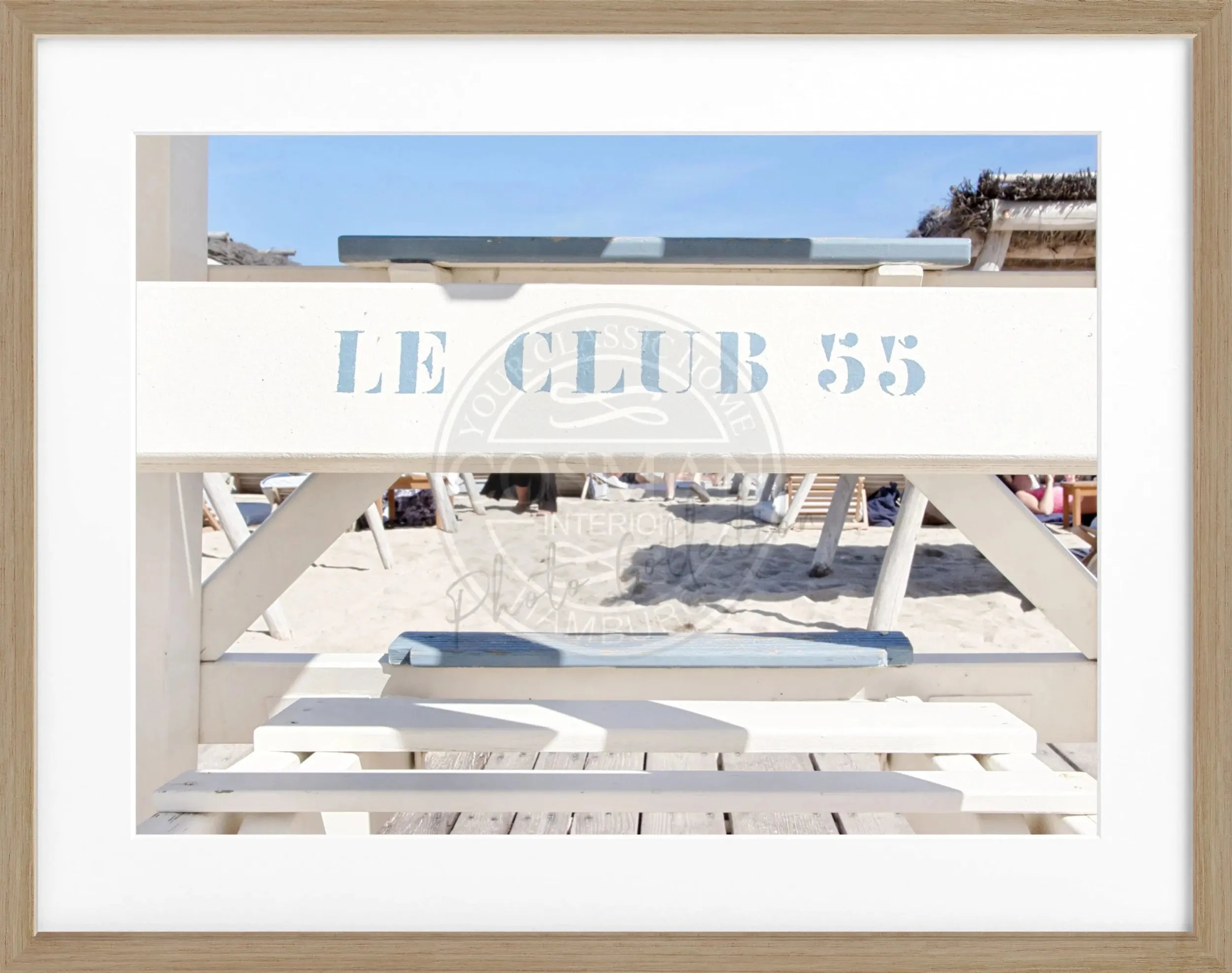 Schwarz-weiß Poster mit Rahmen ’Le Club 55’ Saint Tropez, von Cosman-Photocollection, 31x25 cm, dekoratives Wandbild.