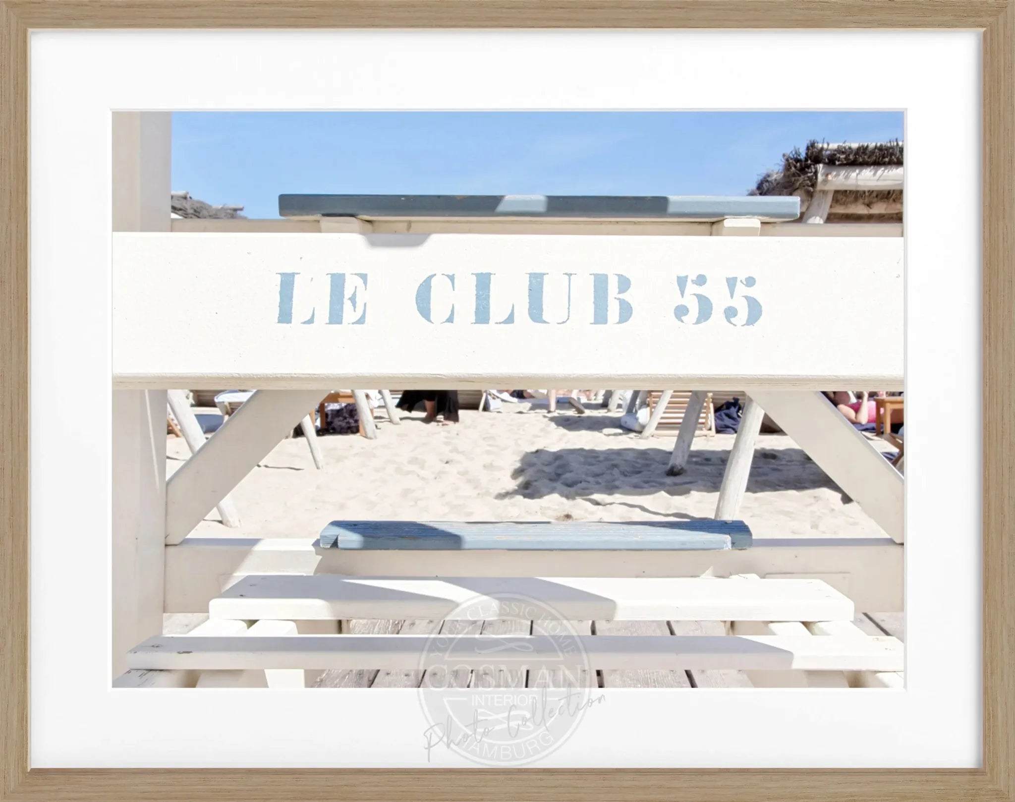 Schwarz-weiß Poster mit Rahmen ’Le Club 55’ Saint Tropez, von Cosman-Photocollection, 31x25 cm, dekoratives Wandbild.