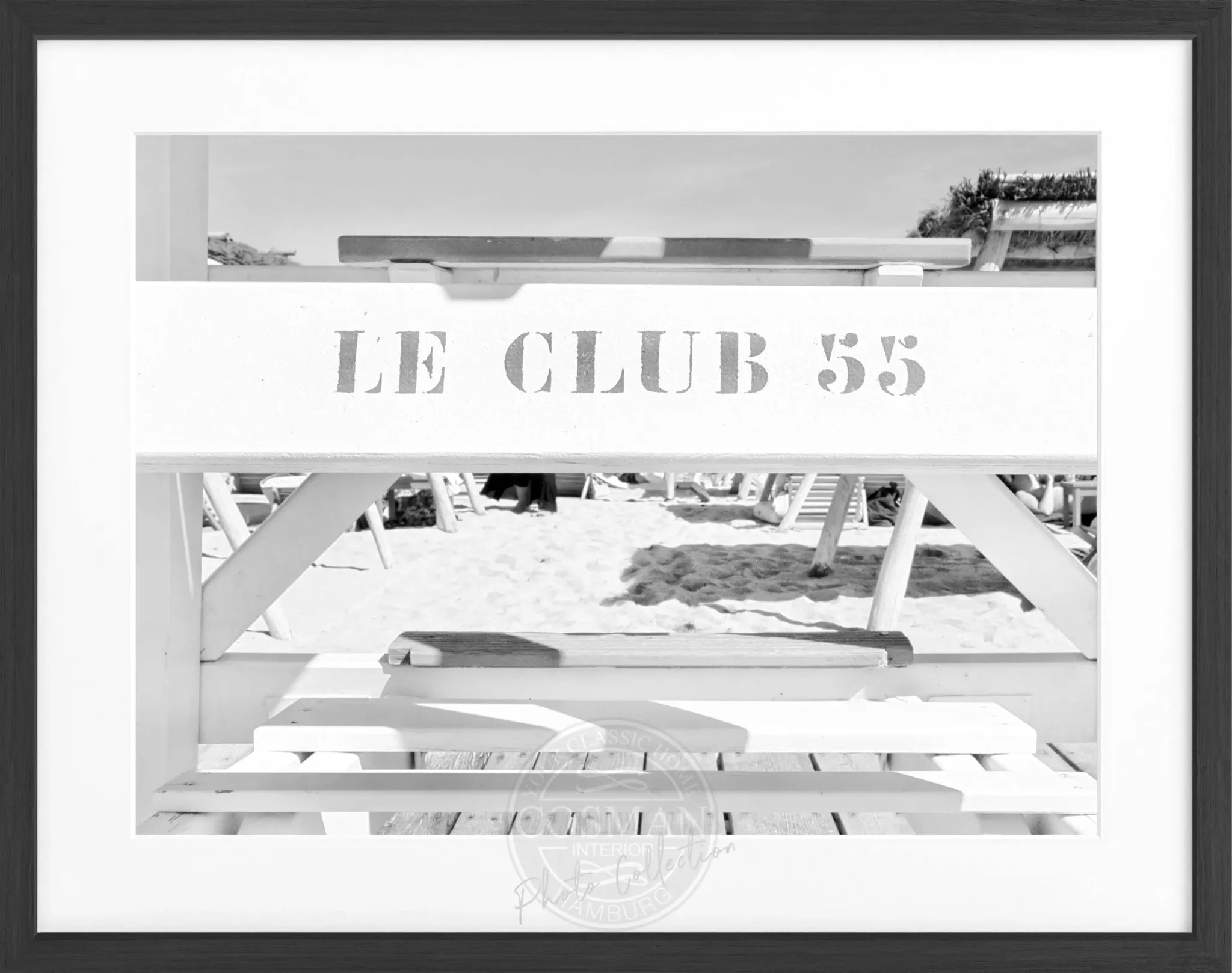 Schwarz-weiß Poster mit Rahmen 'Le Club 55' Saint Tropez, Cosman-Photocollection, 31x25 cm, dekoratives Wandbild